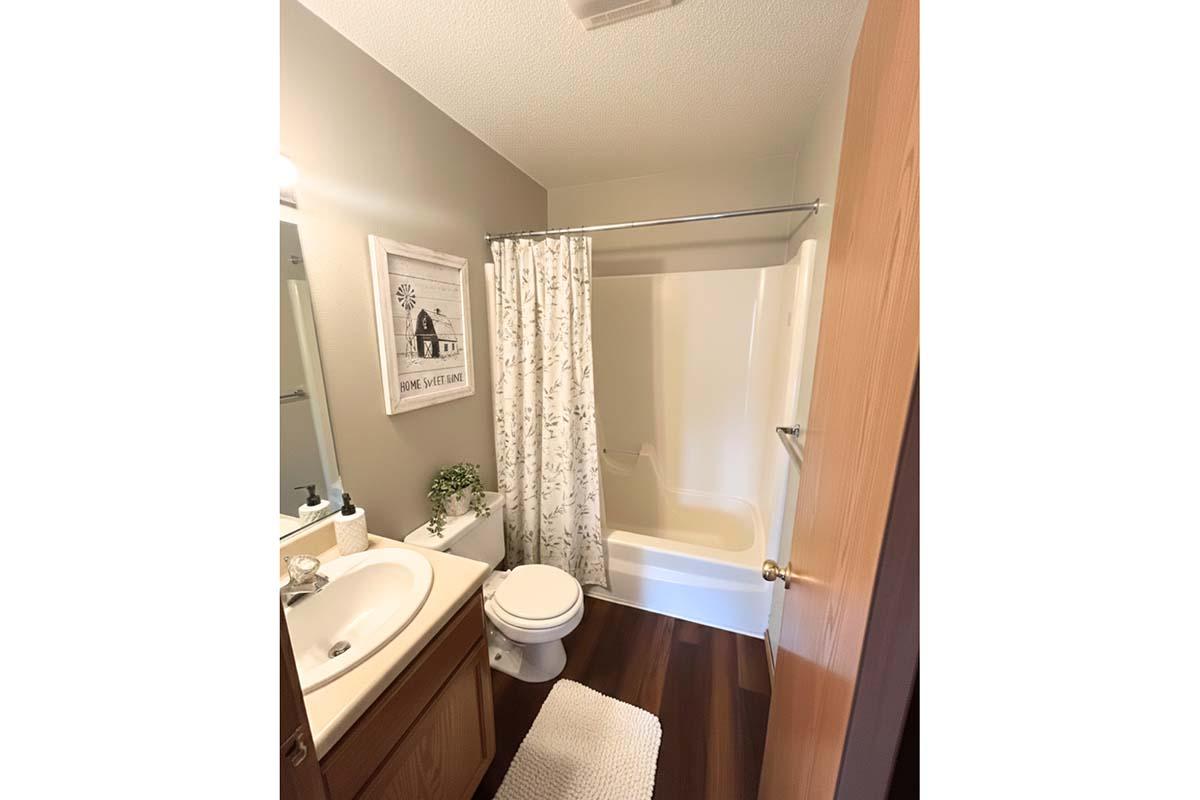 A small, serene bathroom featuring a white bathtub with a shower curtain, a toilet, and a sink with a mirror above it. The walls are painted light gray, and a decorative print is hung beside the mirror. A soft rug is positioned in front of the sink, creating a cozy atmosphere.