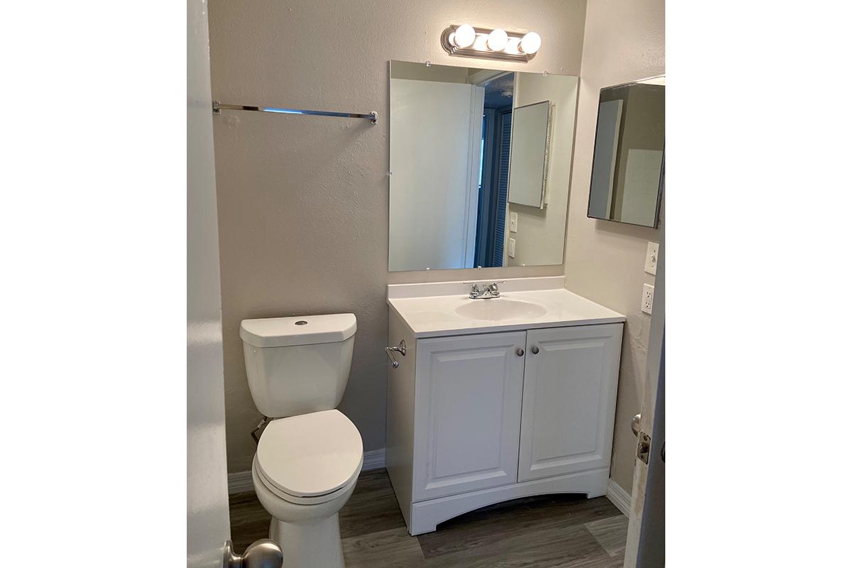 a room with a sink and a mirror