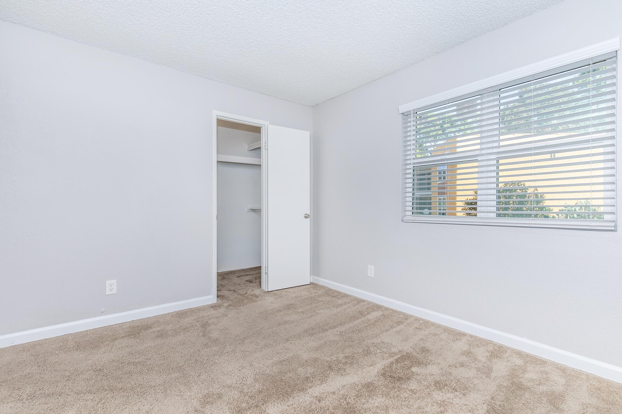 A well-lit, empty bedroom featuring light gray walls and a soft, beige carpet. There is a single window with blinds on the left wall, and a white closet door is slightly ajar on the opposite wall. The room has a clean and minimalist appearance, creating a spacious feel.