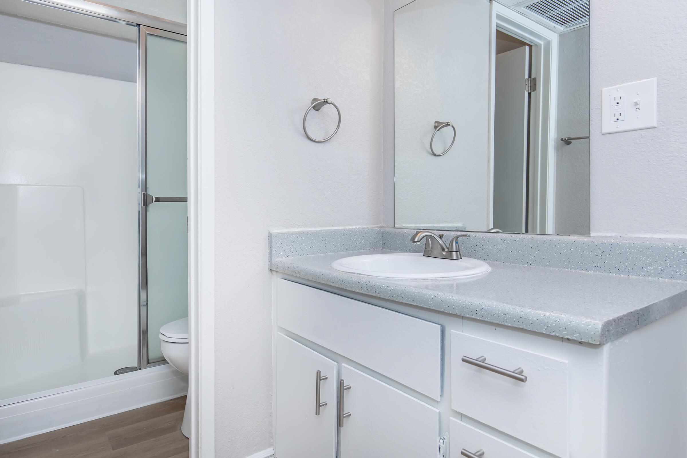 A clean and modern bathroom featuring a white sink with a silver faucet, a mirror, and gray countertops. To the left, there's a stand-up shower with a glass door, and in the background, a white toilet is visible. The walls are painted in a light neutral color, enhancing the airy feel of the space.