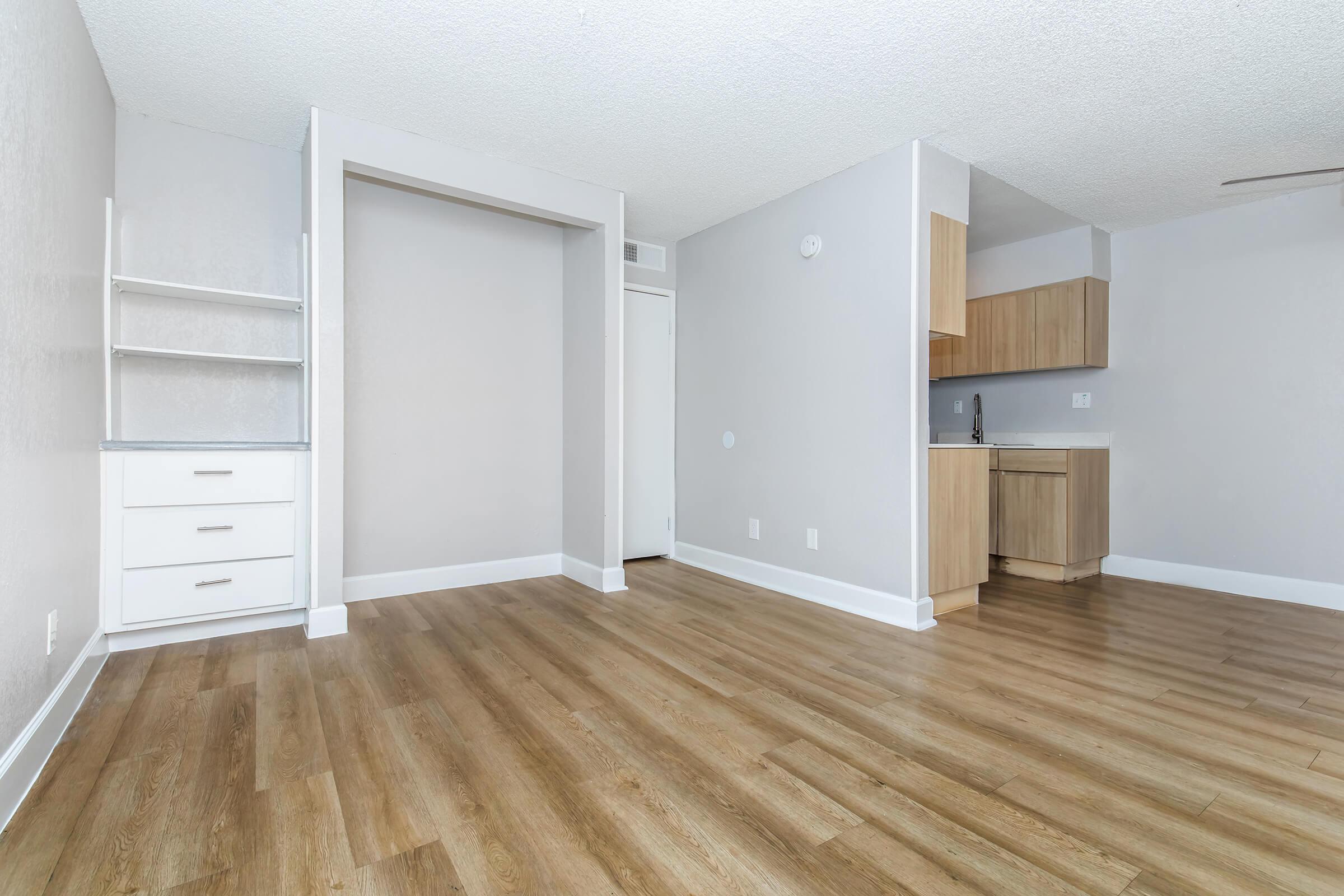 A bright and spacious modern apartment interior featuring light wood flooring, a small kitchen area with wooden cabinets, and a living space with neutral wall colors. The layout includes a storage shelf and an open design, creating a welcoming atmosphere.