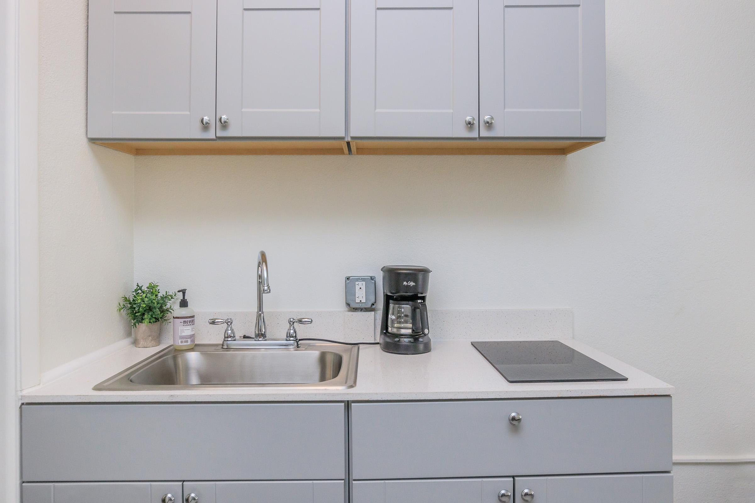 A small kitchen space featuring a stainless steel sink with a modern faucet, grey cabinets above and below, a coffee maker on the countertop, and a small plant for decor. The countertop is clean and minimalist, with a cooking surface beside the sink. The color palette is neutral and inviting.