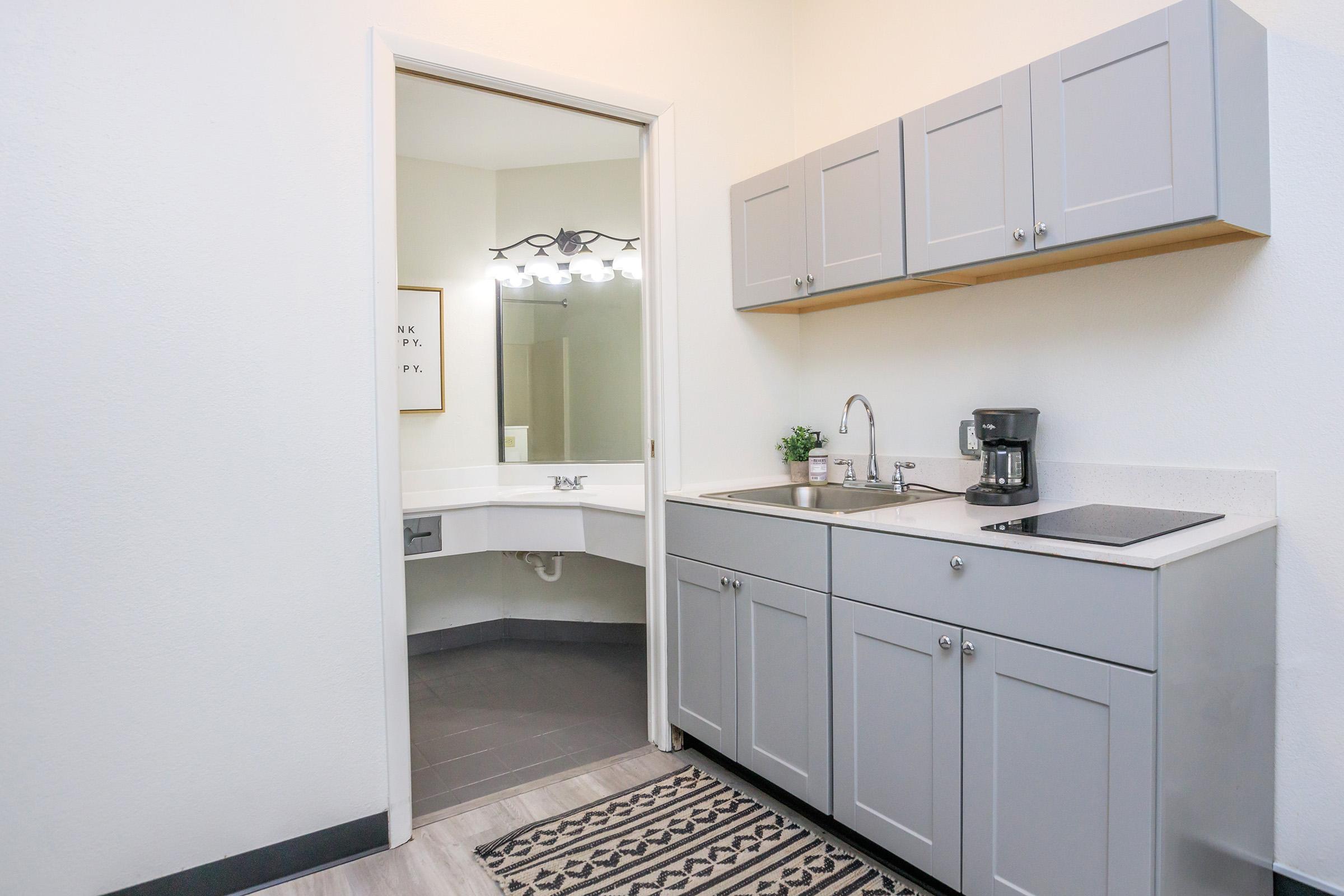A modern kitchenette featuring gray cabinets, a sink, and a coffee maker. The design is sleek with a minimalist aesthetic, complemented by a patterned rug on the floor. A bathroom can be seen through an open door, enhancing the overall clean and functional look of the space.