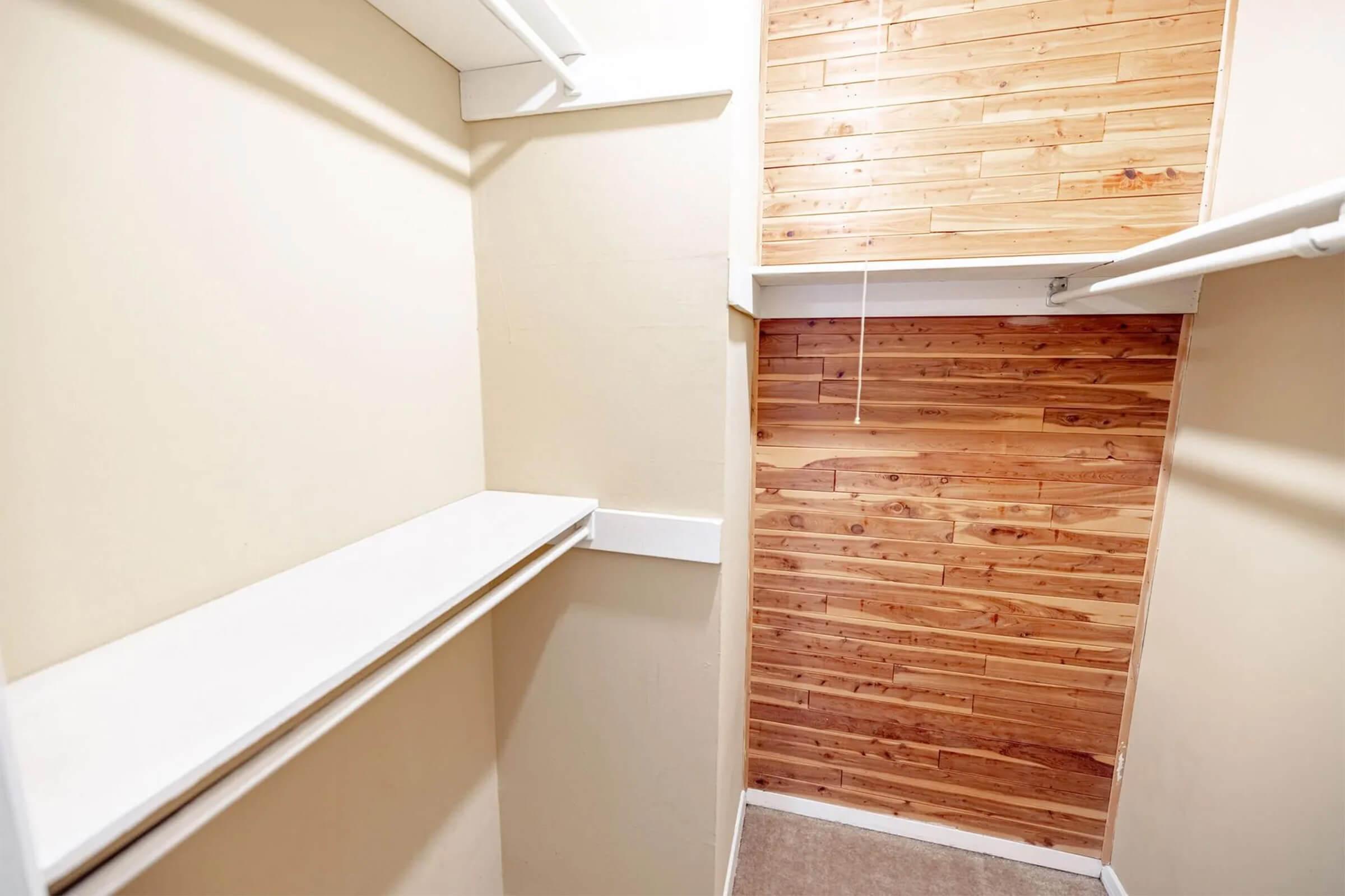 A small, empty closet with light-colored walls and a wooden accent wall. It features a white shelf on the left and a hanging rod above, providing a clean and minimal storage space. The floor is carpeted, enhancing the cozy atmosphere.