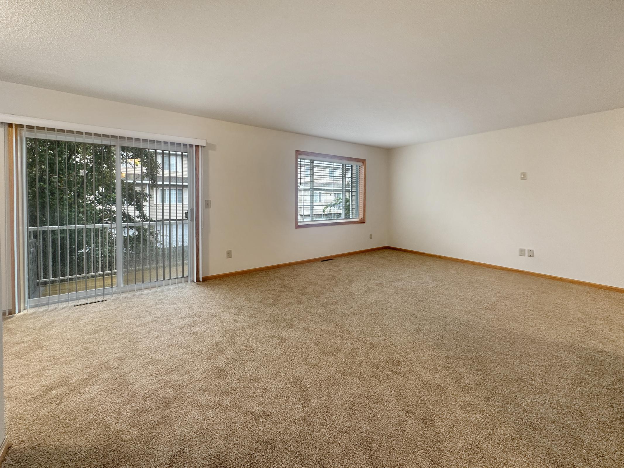 A spacious, unfurnished living room with light-colored carpet. There is a large window with horizontal blinds on one wall and a sliding glass door leading to a balcony on another. The walls are painted in a neutral tone, creating a bright and airy atmosphere.