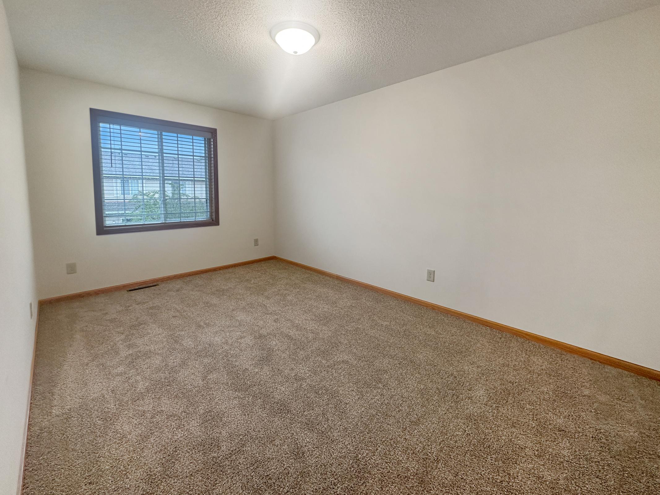 Empty room with beige carpet and white walls. A single window with blinds allows natural light in, and a ceiling light fixture is present. The space is unfurnished, creating a blank canvas suitable for various uses.