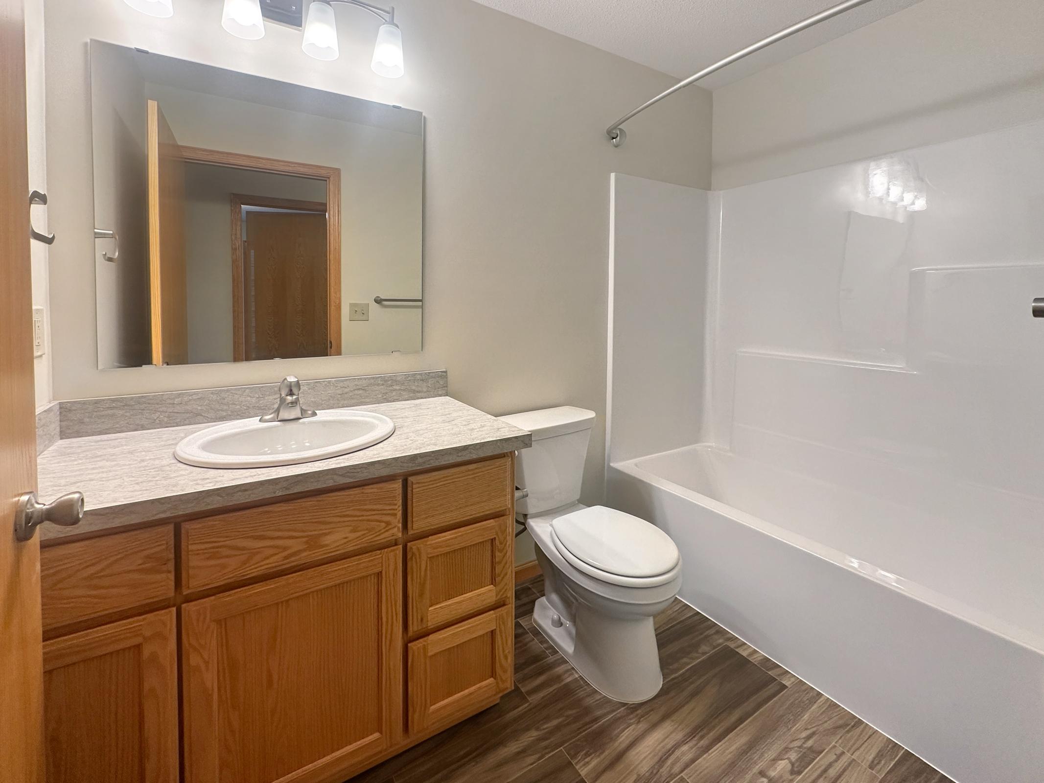 A modern bathroom featuring a white bathtub and shower, a light-colored countertop with a sink, wooden cabinetry, and a large mirror. The space has neutral-colored walls and a wooden door visible in the background. Bright lighting fixtures illuminate the area.