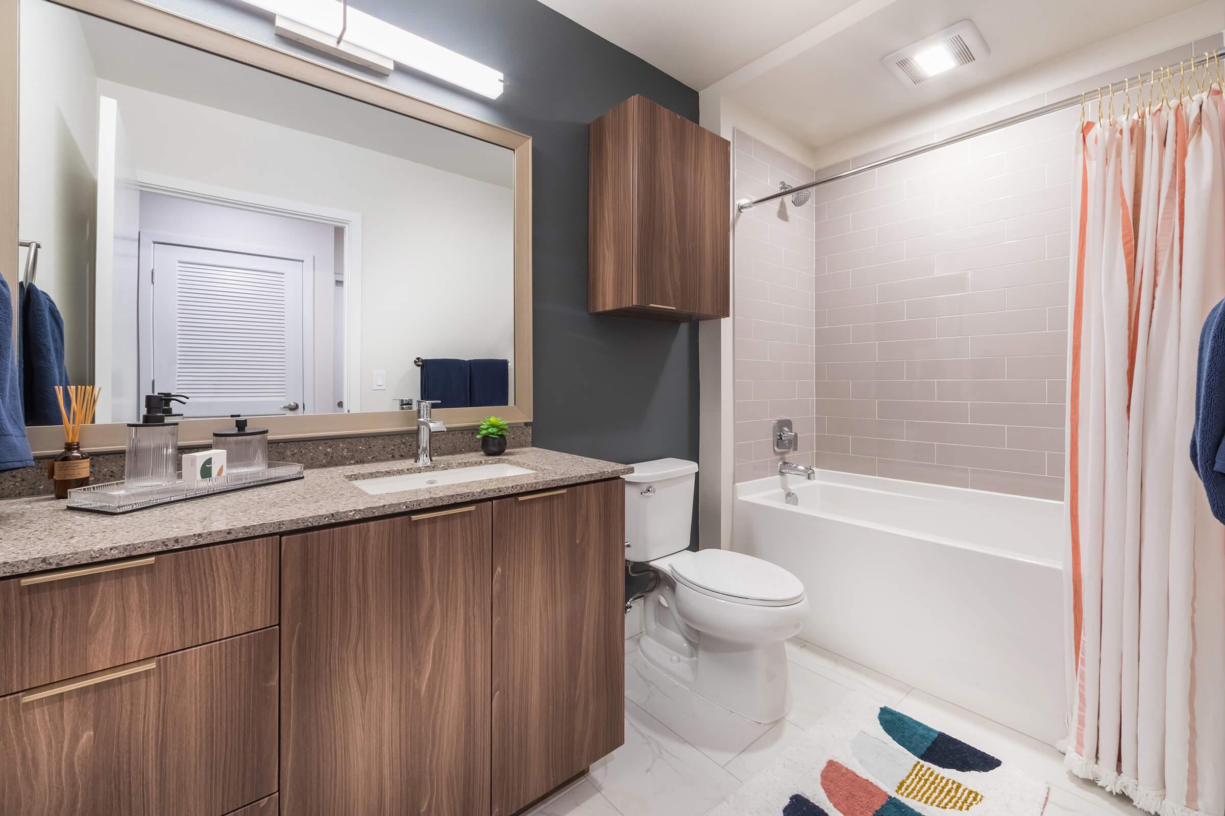 A modern bathroom featuring a brown wooden vanity with a sink, a white toilet, and a shower/tub combo with a curtain. The walls are a mix of gray and white tiles, and there’s a large mirror above the vanity. A colorful rug is placed on the floor, adding a pop of color to the space.