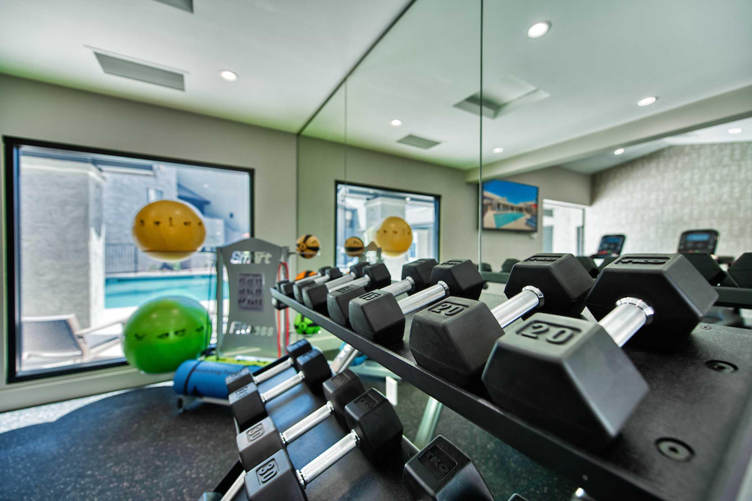 A modern gym interior featuring a rack of dumbbells, with various weights displayed prominently. Large windows provide a view of a pool area outside, while exercise equipment like stability balls and a treadmill are visible in the background. Bright, well-lit space with a contemporary design.