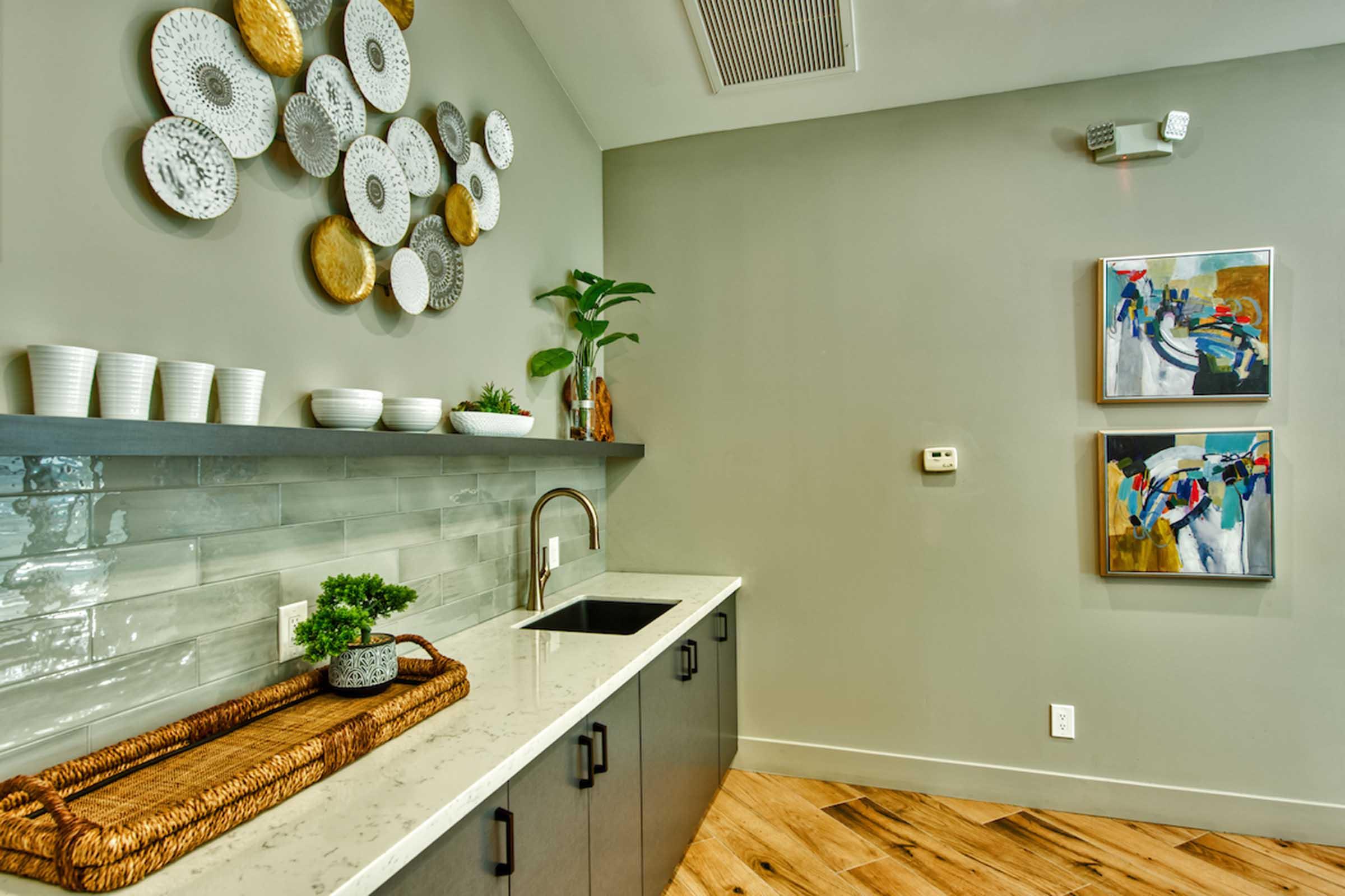 Modern kitchen with a stylish design featuring a gray wall adorned with decorative plates. A sleek countertop holds a small plant, a basket, and white dishware. On the opposite wall, two colorful abstract paintings add vibrancy, while the floor has warm wood tones. A contemporary faucet is installed above a small sink.