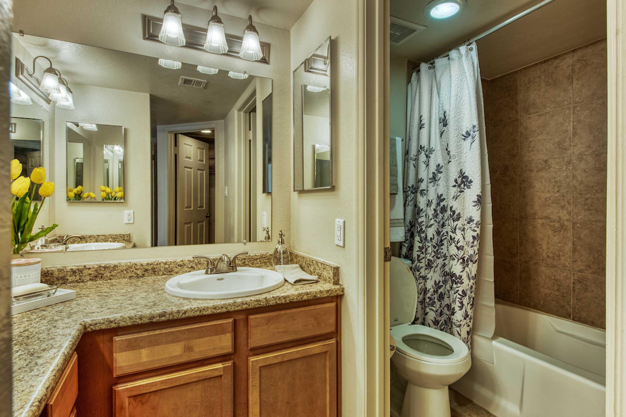 A well-lit bathroom featuring a sink with a granite countertop, a decorative vase with yellow flowers, and a large mirror. To the right, there is a bathtub with a shower curtain. The decor includes neutral colors and modern fixtures, creating a fresh and inviting atmosphere.