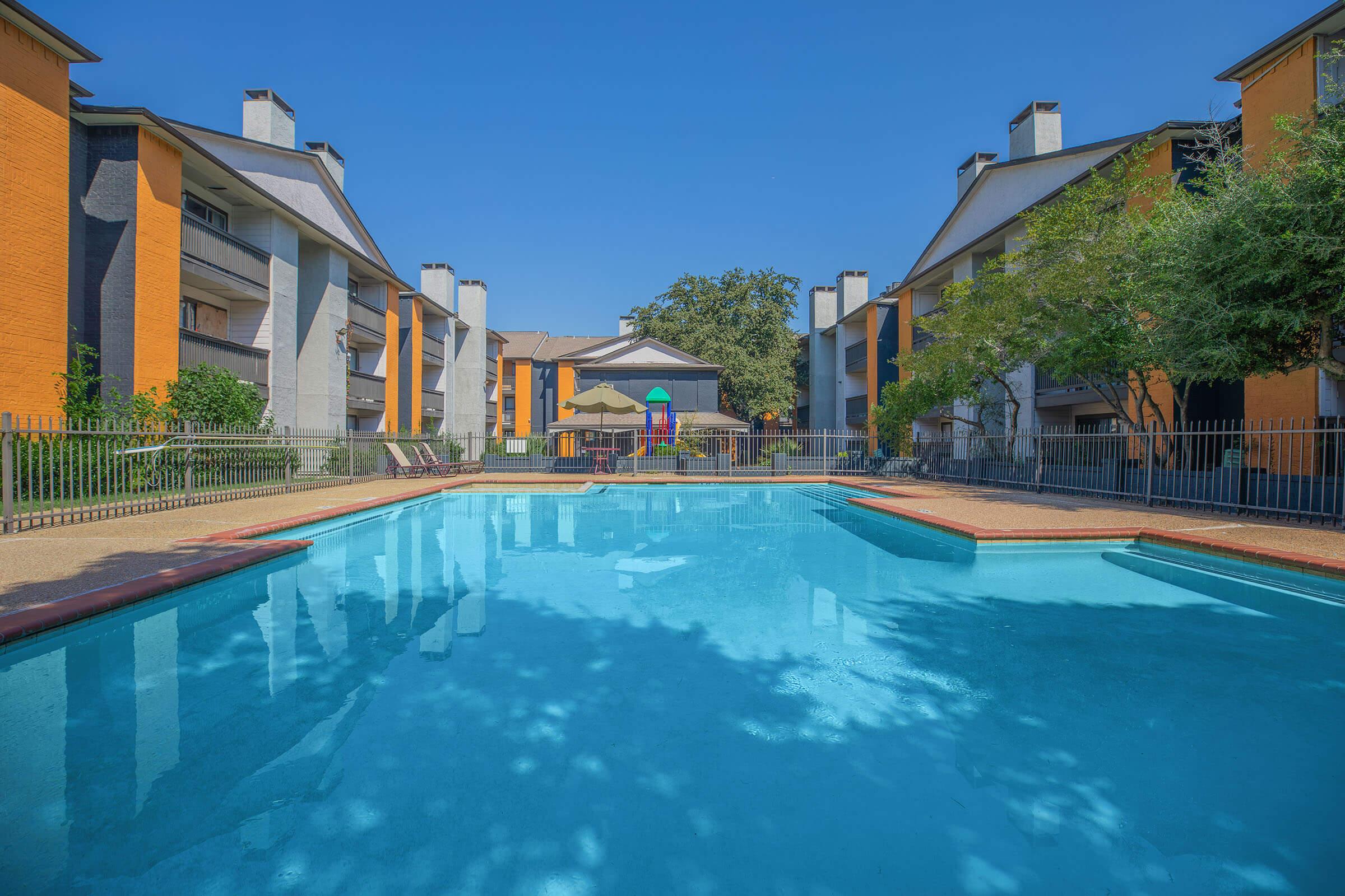 a building with a pool of water