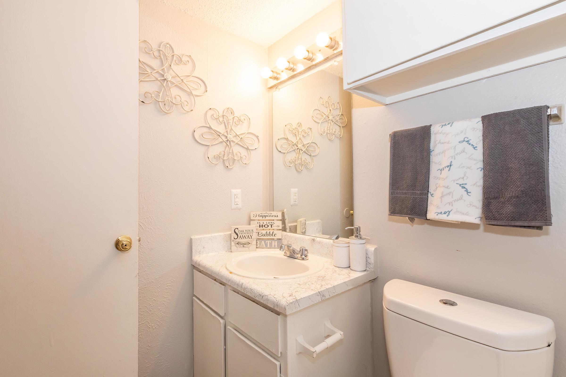 A small bathroom featuring a white vanity with a sink, a mirror above it, and decorative wall accents. There's a towel rack with a patterned towel, a roll of toilet paper, and a toilet. The walls are painted a light color, with soft lighting from a vanity fixture above the mirror.