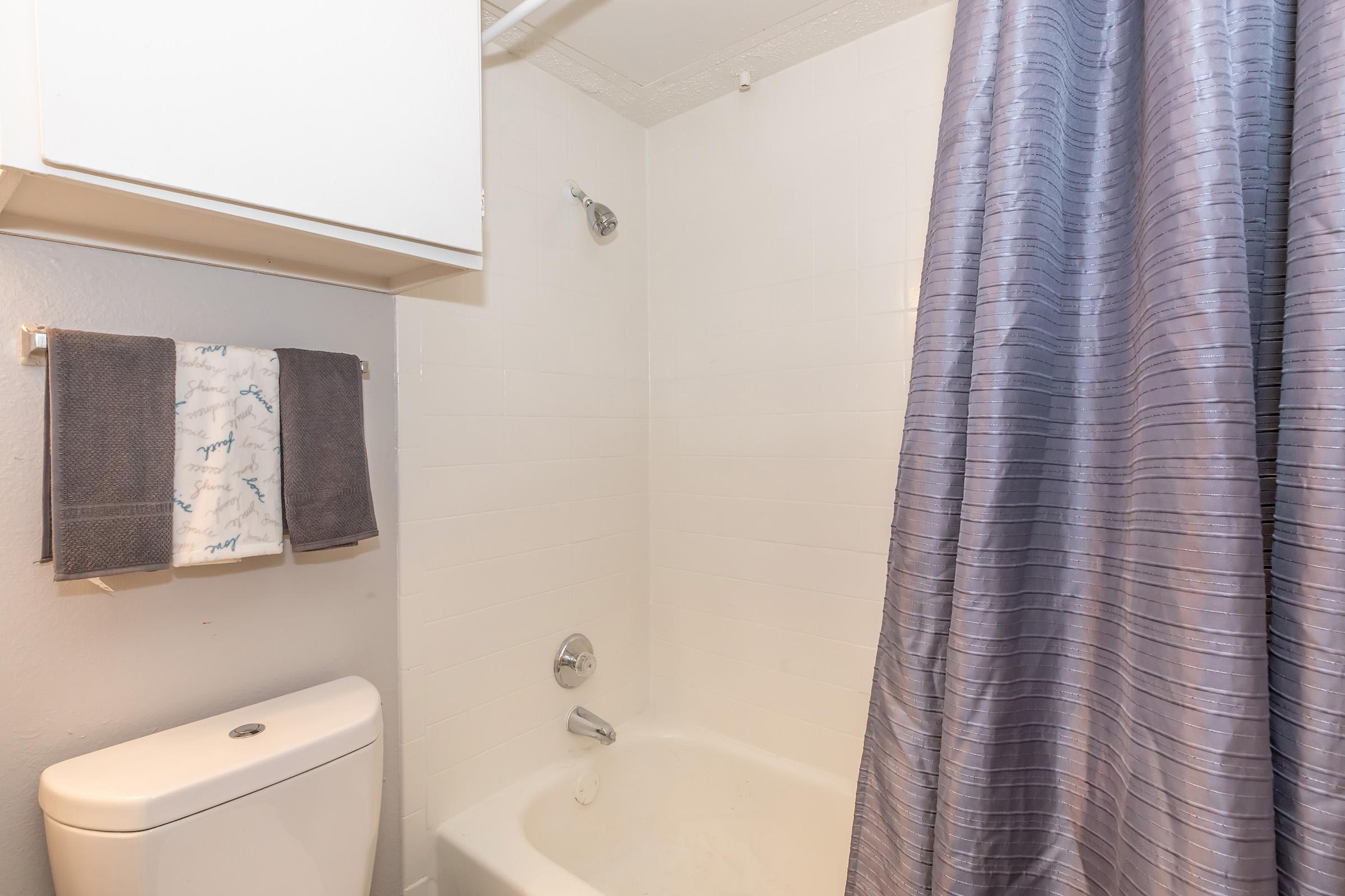 A small bathroom featuring a shower with a gray curtain, a white bathtub, and a toilet. On the wall, there's a towel rack holding two dark gray towels and a decorative towel with a blue design. The walls are painted light gray, and there is a white cabinet above the toilet.