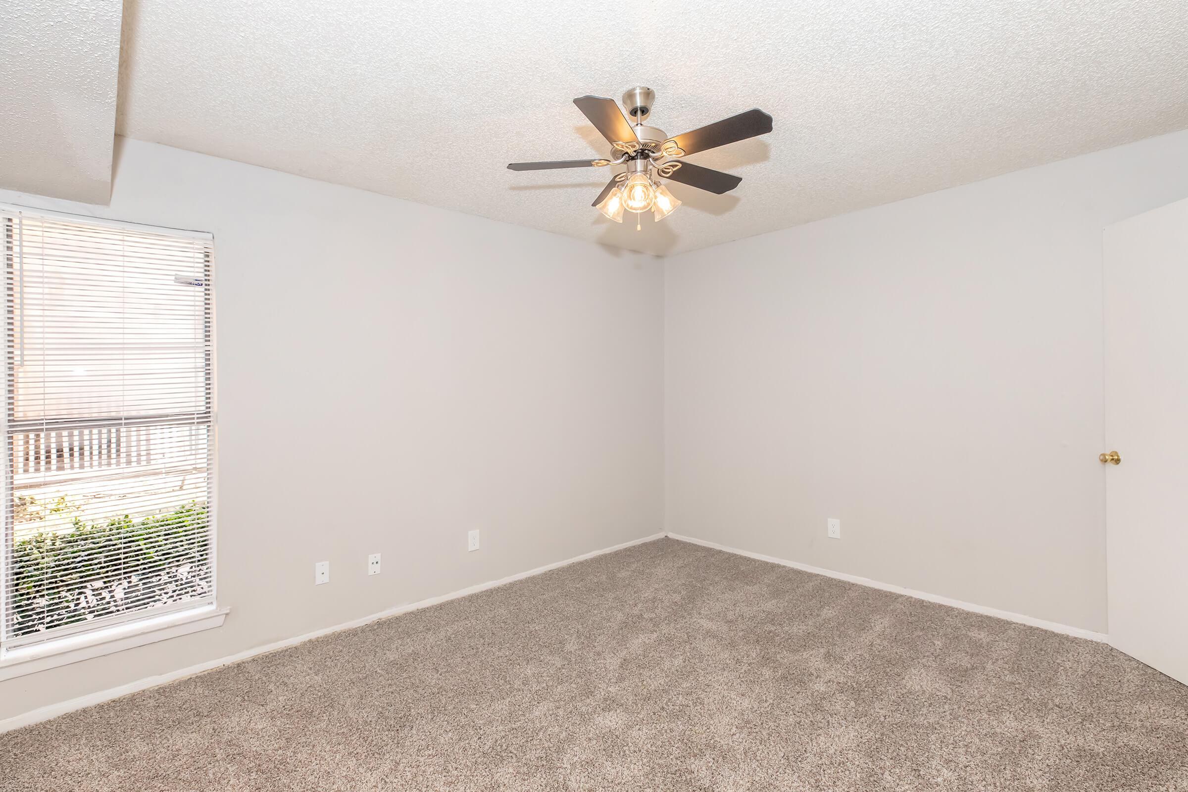 Empty room with light beige carpet and gray walls. A ceiling fan with lights is installed in the center. A window with white blinds allows natural light to enter, revealing greenery outside. The room has a simple and clean appearance, featuring a single door on one side.