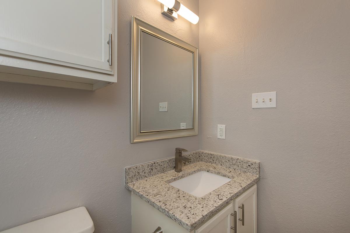 a white sink sitting under a mirror