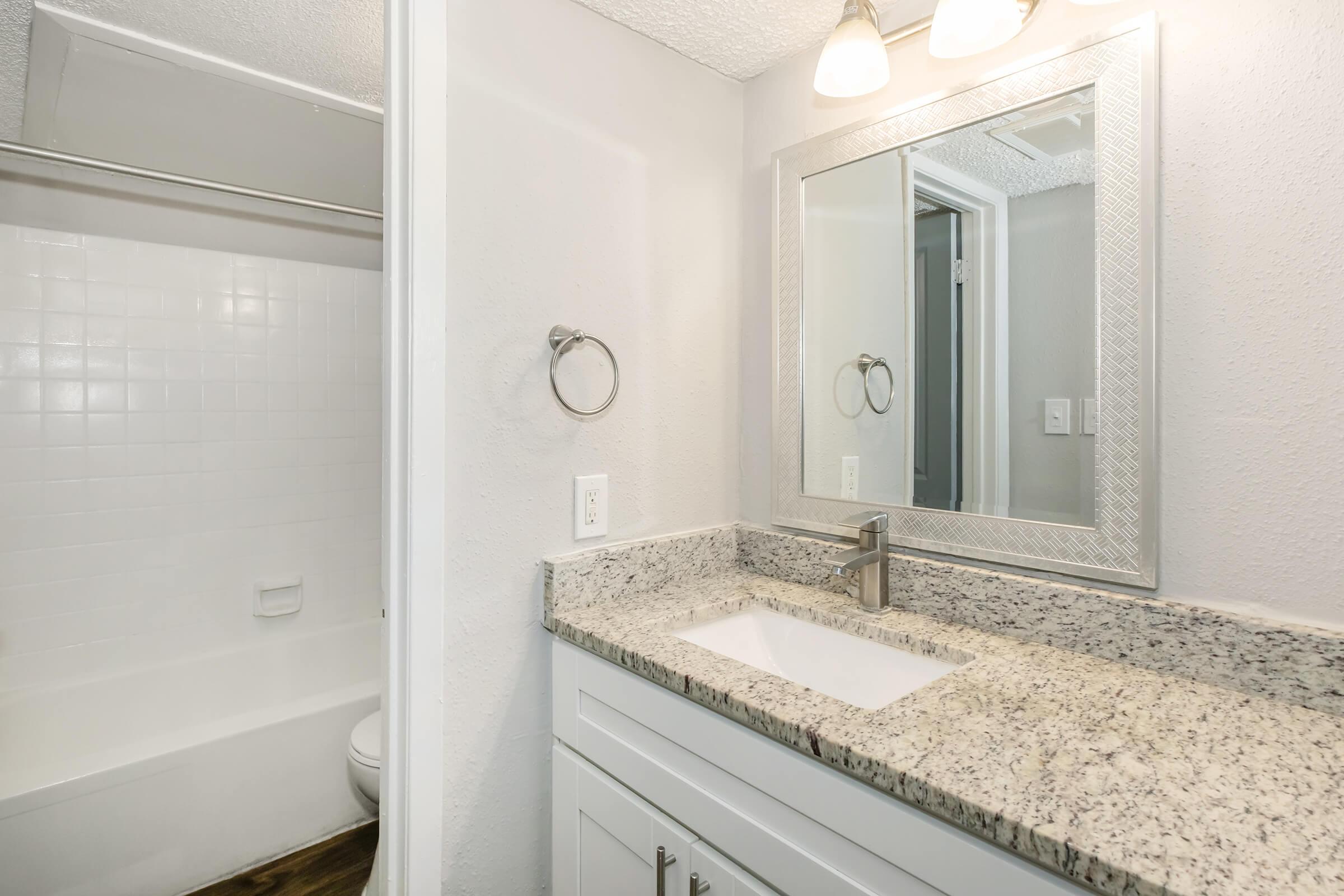 A modern bathroom featuring a light-colored countertop with a sink, a wall-mounted mirror, and a towel holder. The room has a light gray wall and a shower-tub combo in the background, with natural light from an overhead fixture. The flooring is a dark wood.