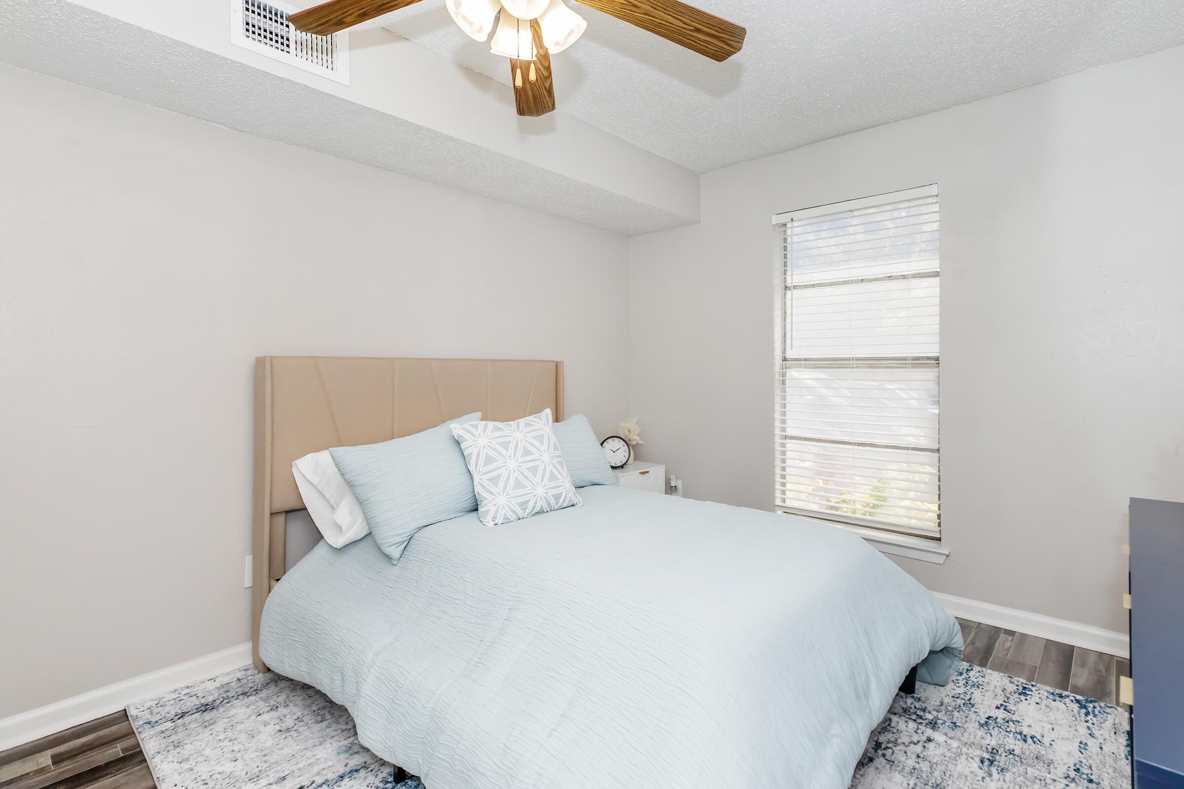 A cozy bedroom featuring a light blue bedspread on a queen-sized bed with decorative pillows. The walls are painted a neutral shade and there are two windows allowing natural light. A ceiling fan is visible above, and a small nightstand with a lamp is positioned beside the bed. The floor has a stylish area rug.