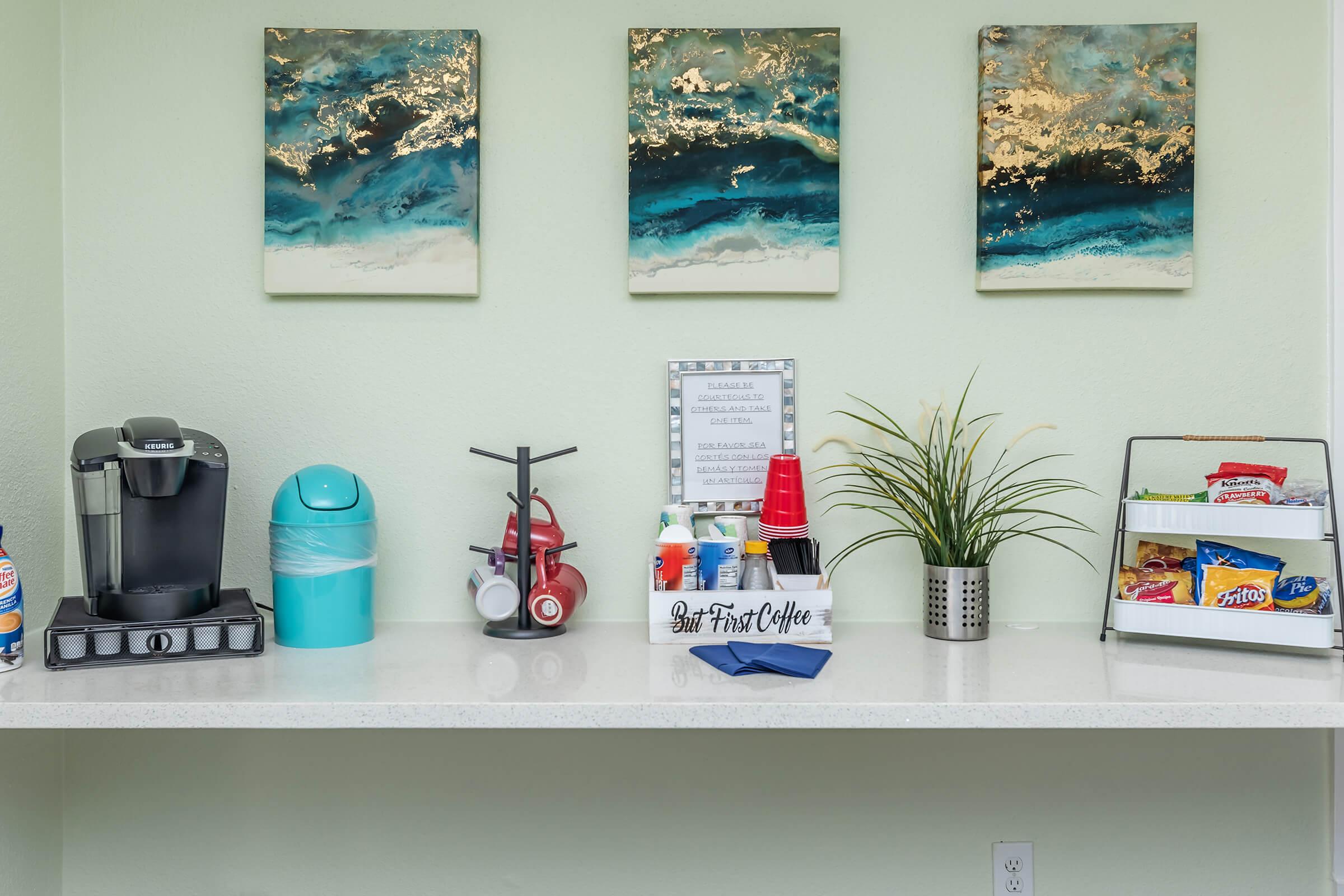 a room with many items on the counter