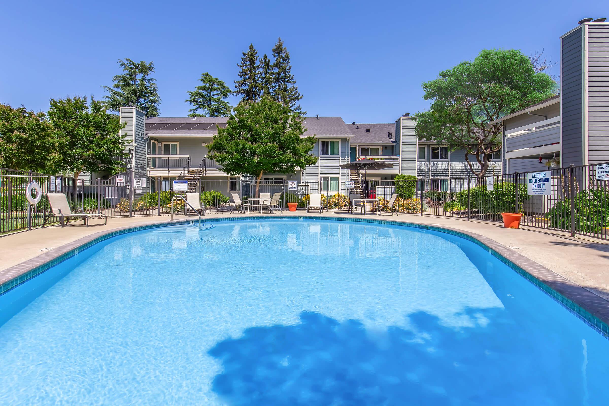 A clear blue swimming pool surrounded by lounge chairs and greenery. Apartment buildings are visible in the background under a bright blue sky. The pool area is well-maintained with potted plants and signs indicating property rules.
