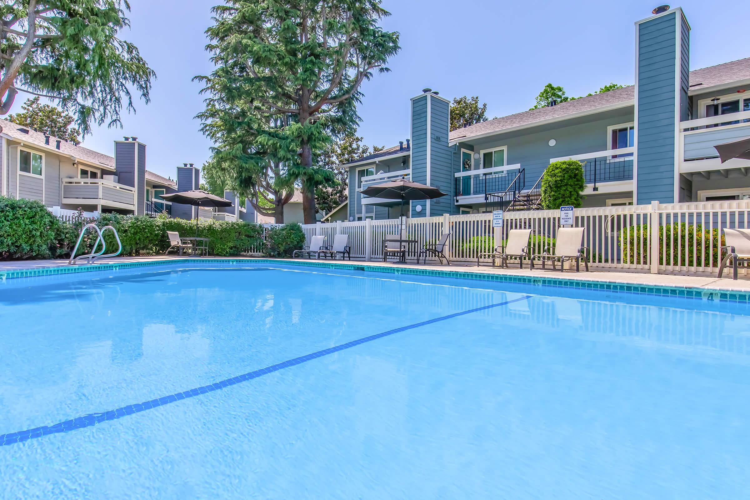 A clear blue swimming pool surrounded by lounge chairs and umbrellas, with lush greenery and apartment buildings in the background on a sunny day.