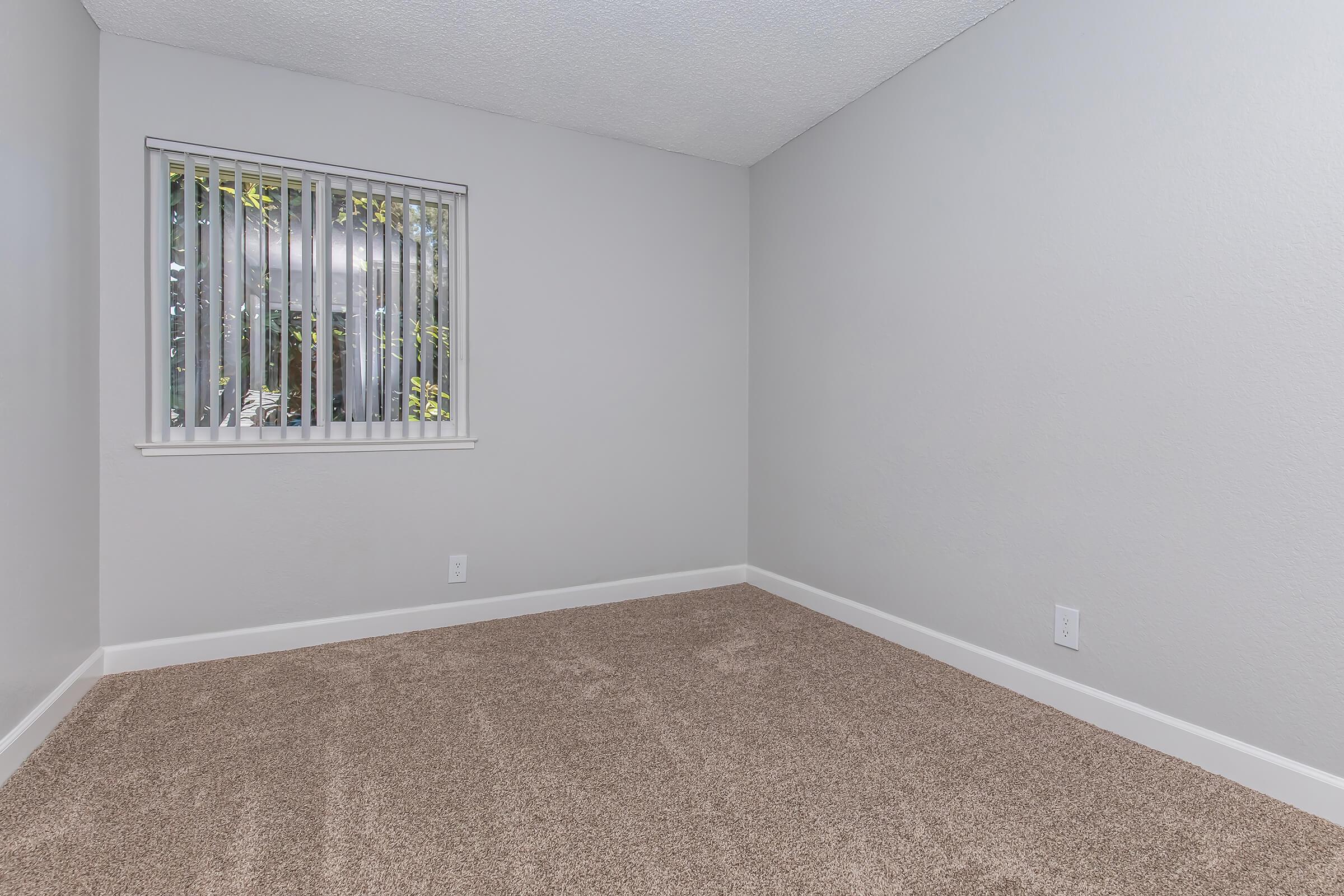 A vacant room with light gray walls and a light brown carpet. A single window with vertical blinds allows natural light to enter. There are no furnishings in the space, creating an open and minimalistic feel.