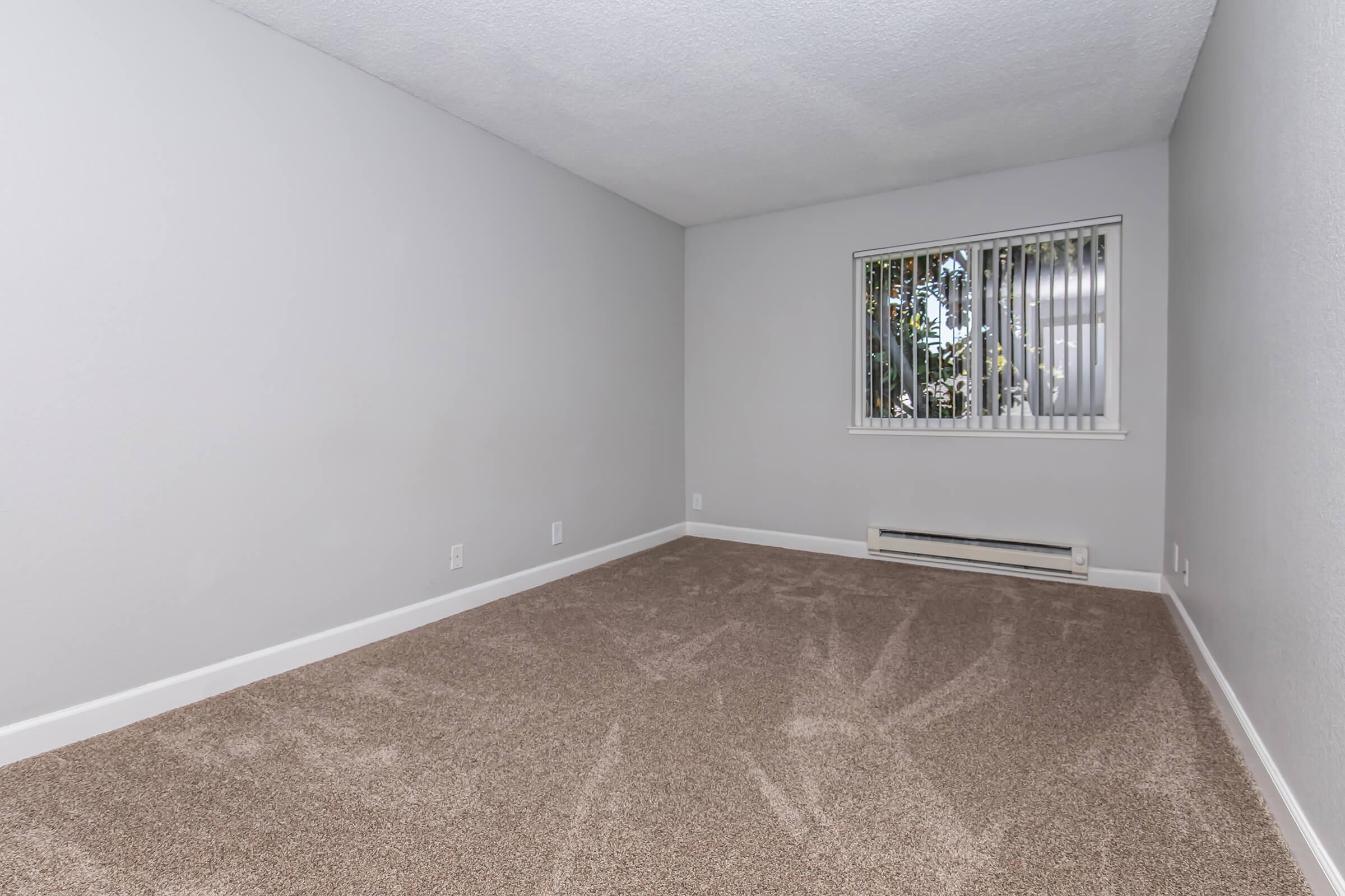 Empty room with light gray walls and carpeted floor. A window with vertical blinds allows natural light to enter. The room appears spacious with a clean, minimalistic design and no furniture. The baseboard heater is visible along the wall.