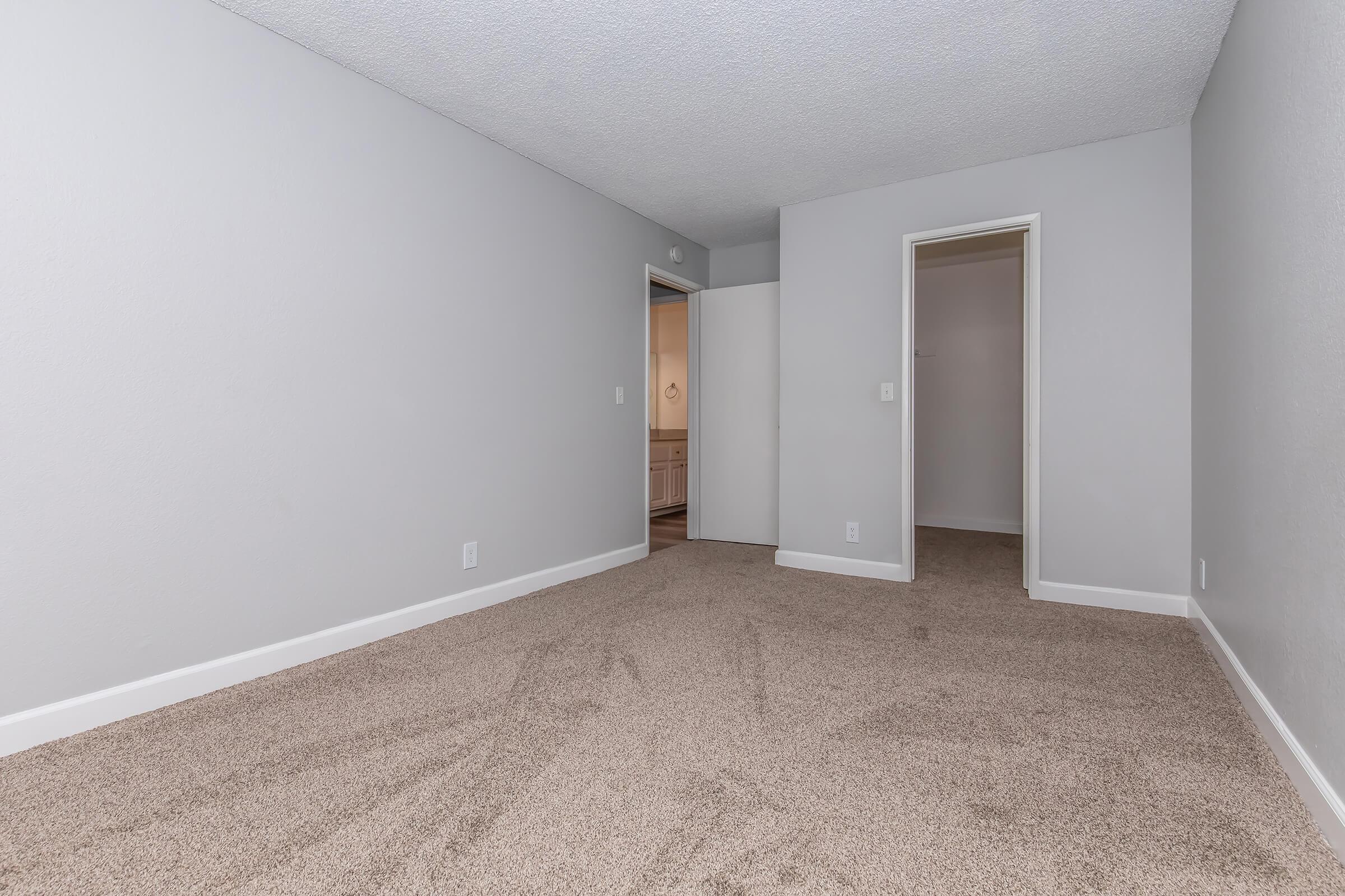 Empty room with light gray walls and carpeted floor. It features two doorways; one leads to a closet and the other to a hallway. The overall space is well-lit and spacious, suitable for various arrangements or furnishings.