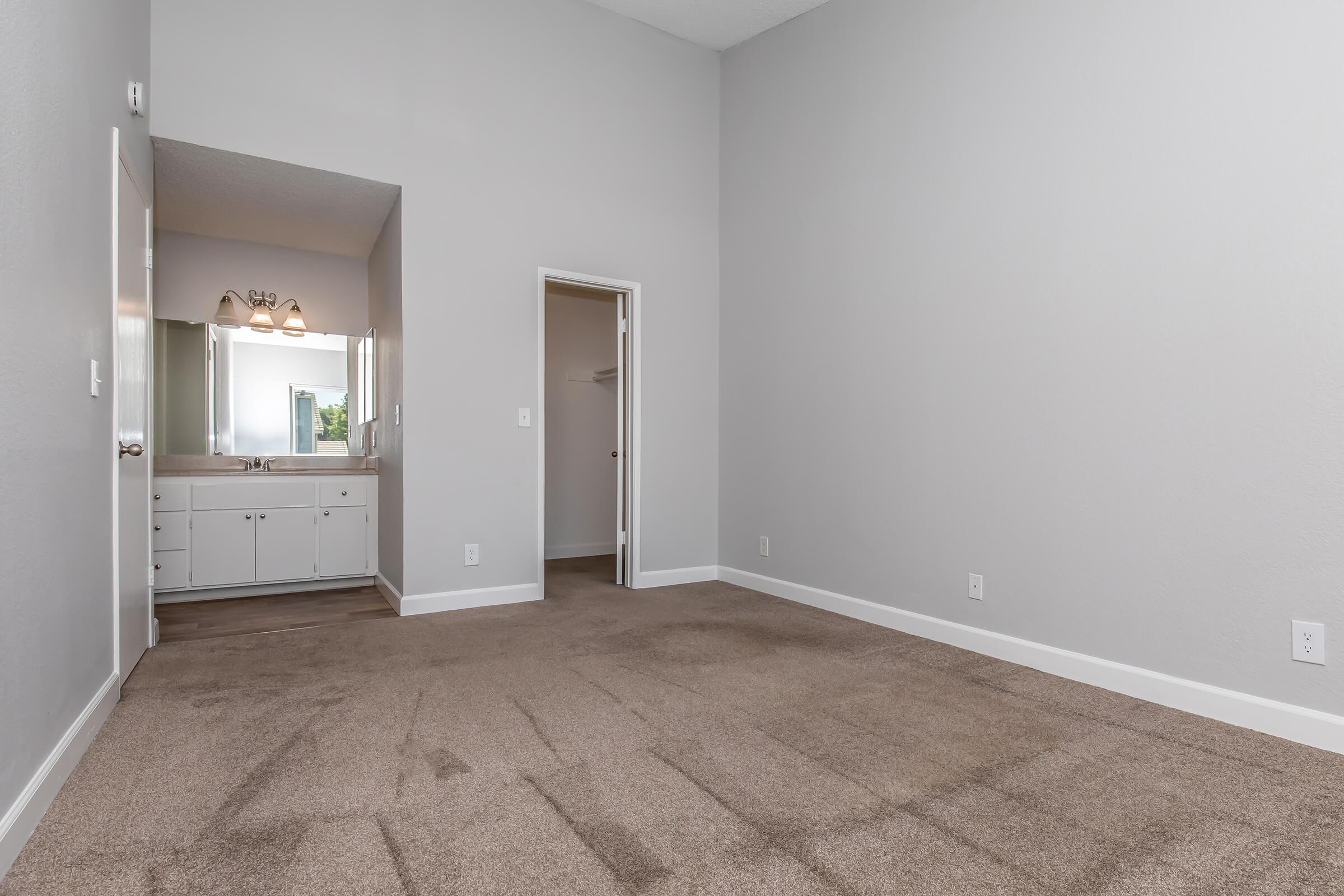 A spacious living area with light gray walls and brown carpet. To the left, there is an arched opening leading to a bathroom area with white cabinetry and a large mirror. A second doorway leads to another room, creating an open and airy feel with plenty of natural light.