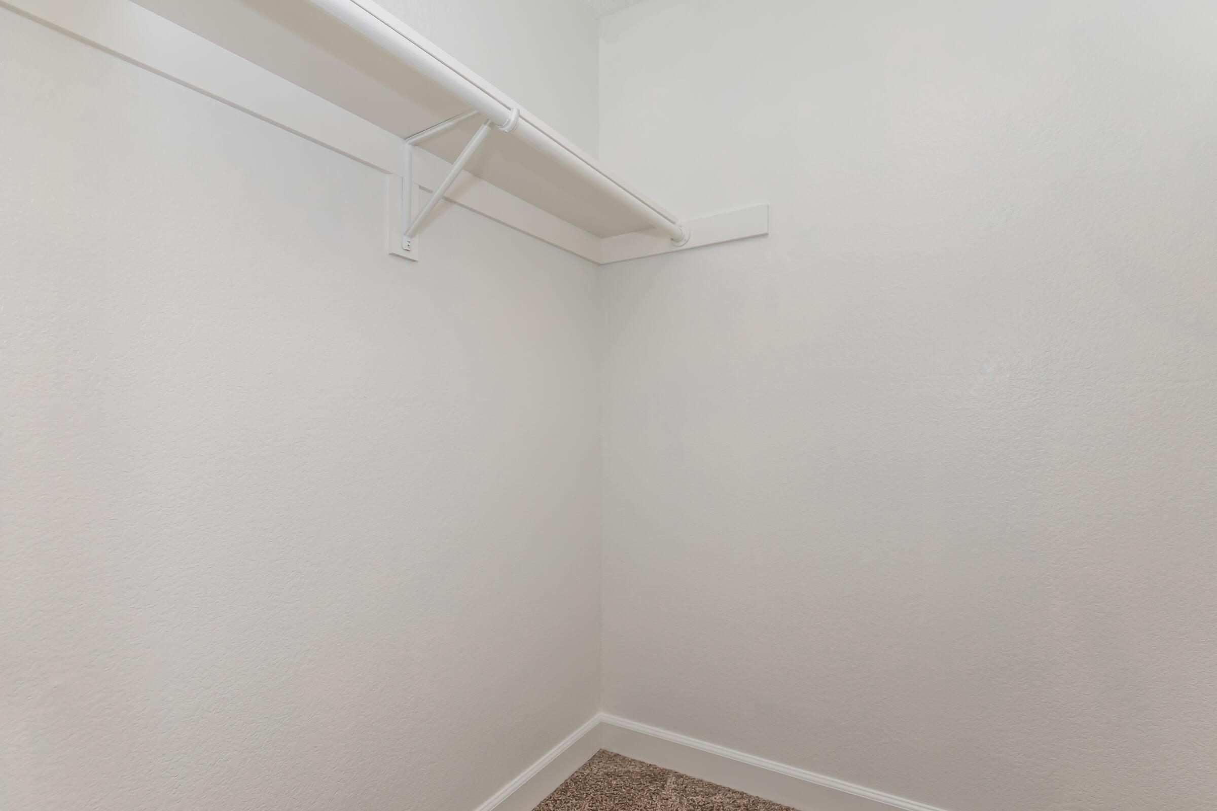 Empty walk-in closet with white walls and a single clothing rail mounted on one side. The floor is carpeted. The space is well-lit with no items or furnishings present.