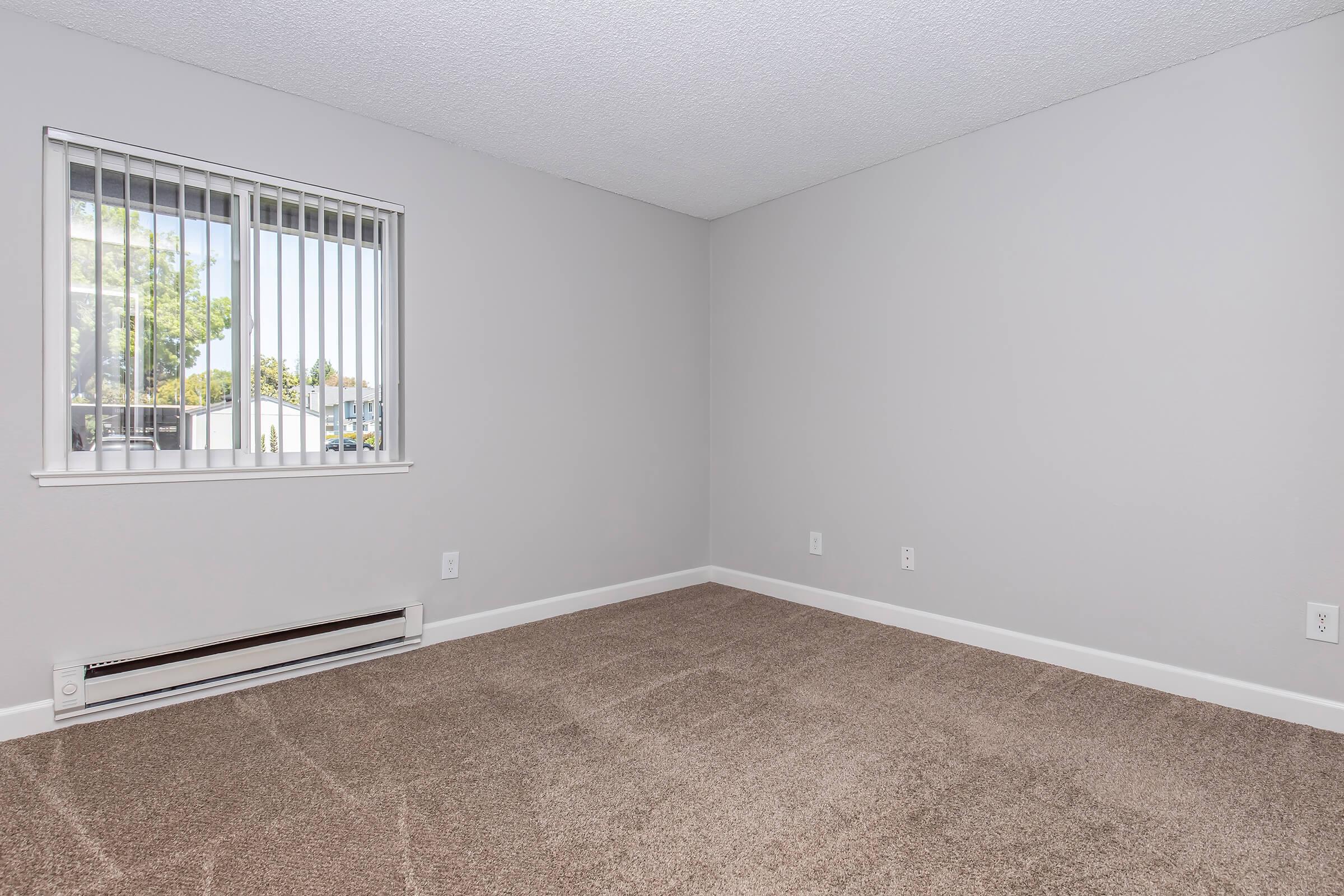 Empty room with beige carpet and light gray walls, featuring a window with vertical blinds. The space is well-lit and minimalistic, with a heating baseboard along one wall and a smooth ceiling. No furniture or decorations are present, creating an open and airy feel.