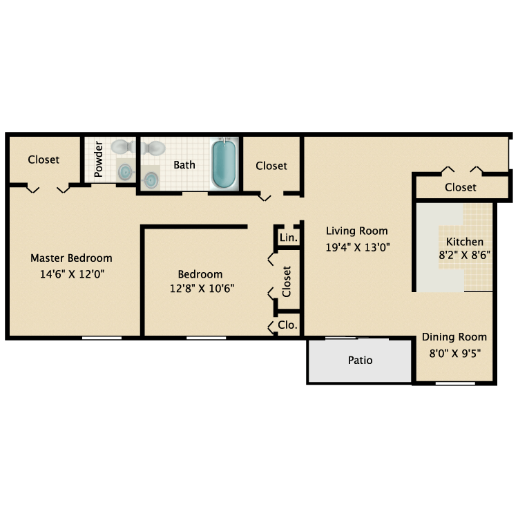 Floor plan image of 2 Bed 1.5 Bath