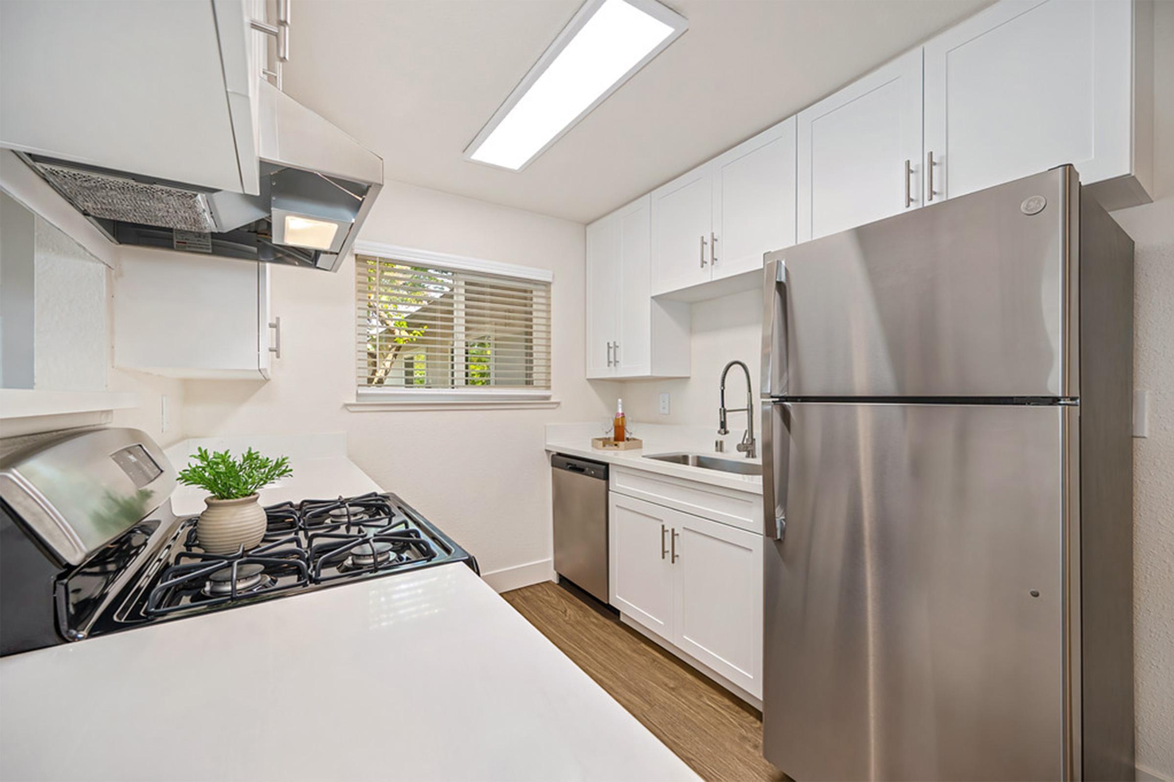 Modern kitchen featuring stainless steel appliances, including a refrigerator and stove. White cabinetry and countertops create a bright, clean look. A window allows natural light in, and a small potted plant adds a touch of greenery to the space. Hardwood flooring complements the overall design.