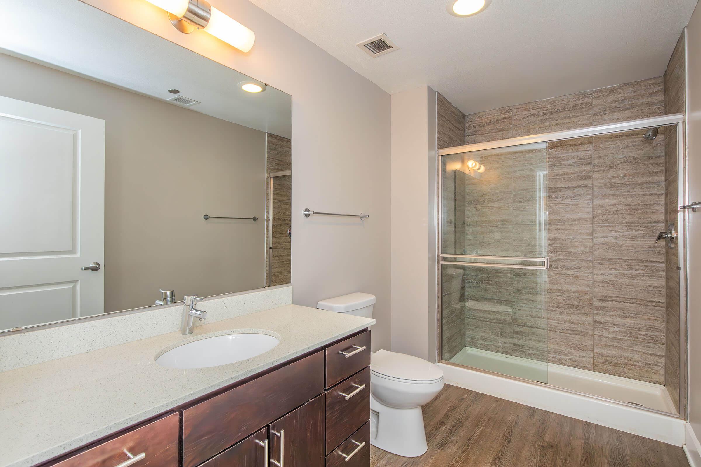 Modern bathroom featuring a large mirror, sleek cabinetry, and a glass shower enclosure. The walls are adorned with neutral tones, and the floor has wood-like tiles. The space is well-lit, creating a clean and contemporary appearance.