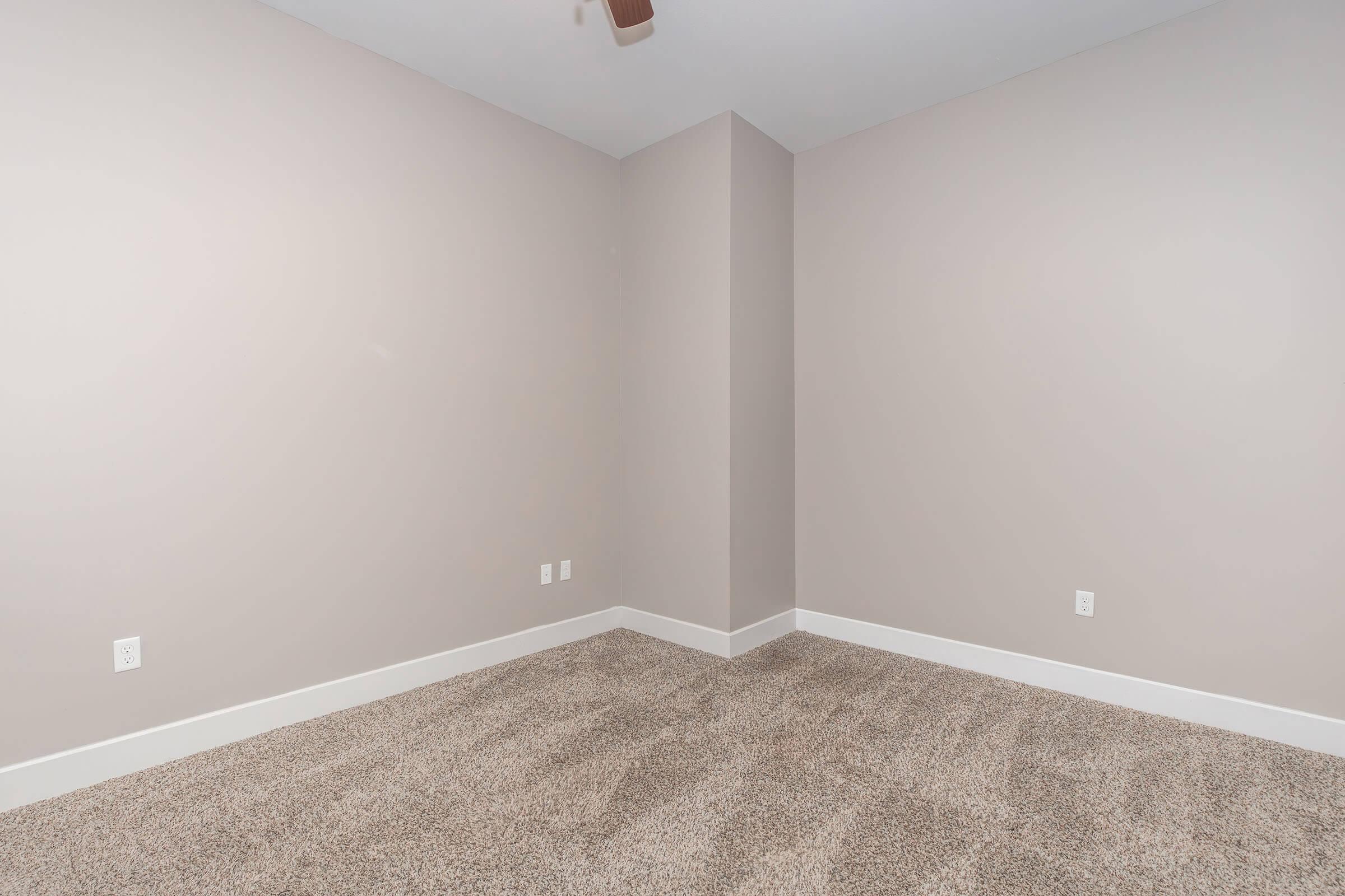Empty room with light beige walls and plush carpet. The space features a ceiling fan and a corner where two walls meet. There are three electrical outlets visible, and the room is well-lit, giving a spacious and neutral atmosphere, suitable for various purposes.