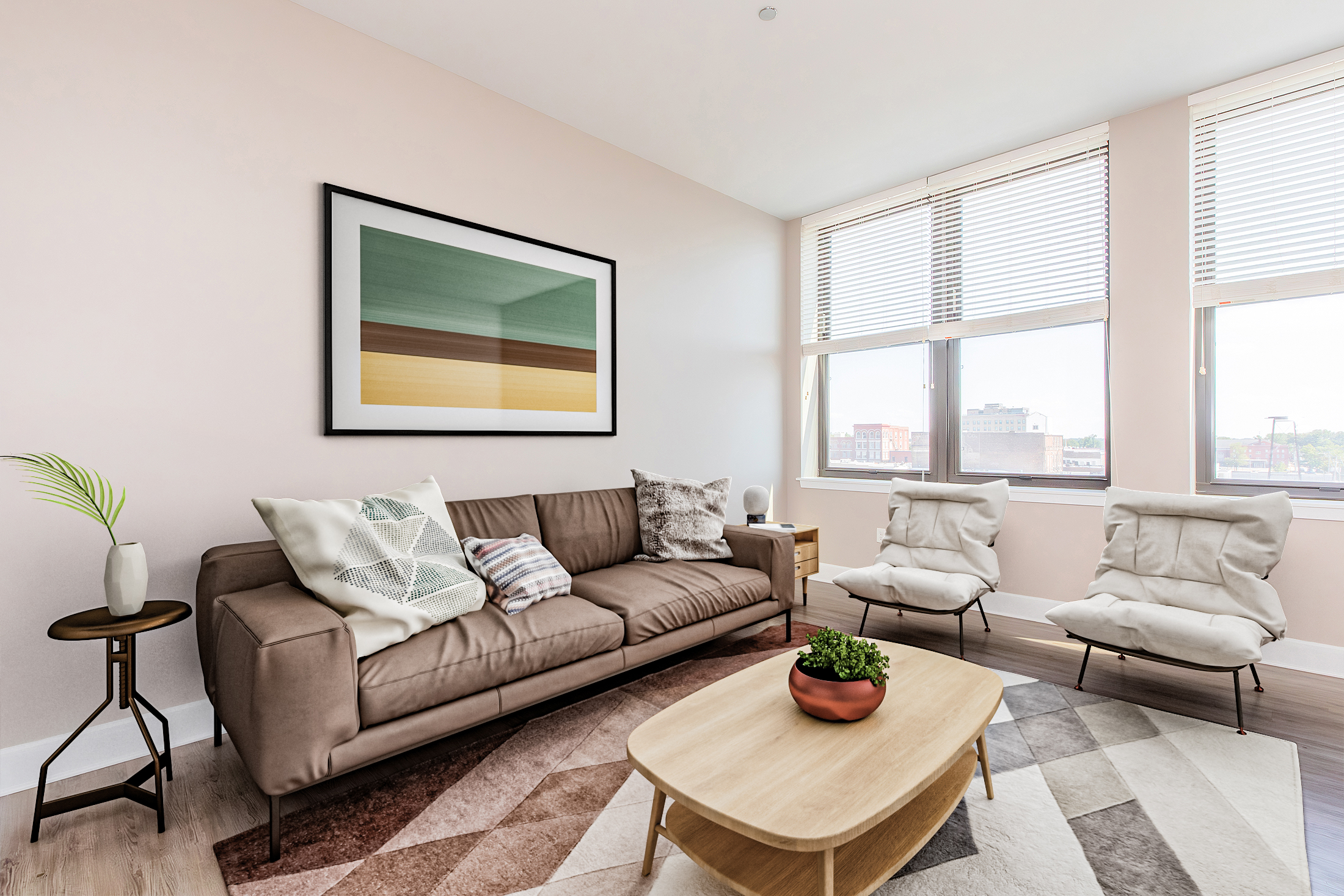 Modern living room featuring a brown leather sofa with decorative pillows, two white lounge chairs, and a round wooden coffee table on a patterned rug. A framed abstract artwork hangs on the light pink wall, with large windows allowing natural light to fill the space, showcasing a view of the city.