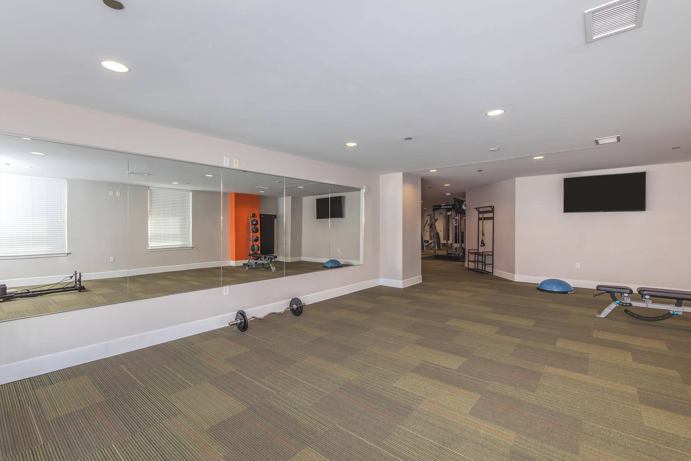A spacious gym with mirrored walls, equipment, and a large window providing natural light. The room features a weight bench, dumbbells, and gym mats on a carpeted floor. A television is mounted on the wall, and there is an orange feature wall visible in the background.