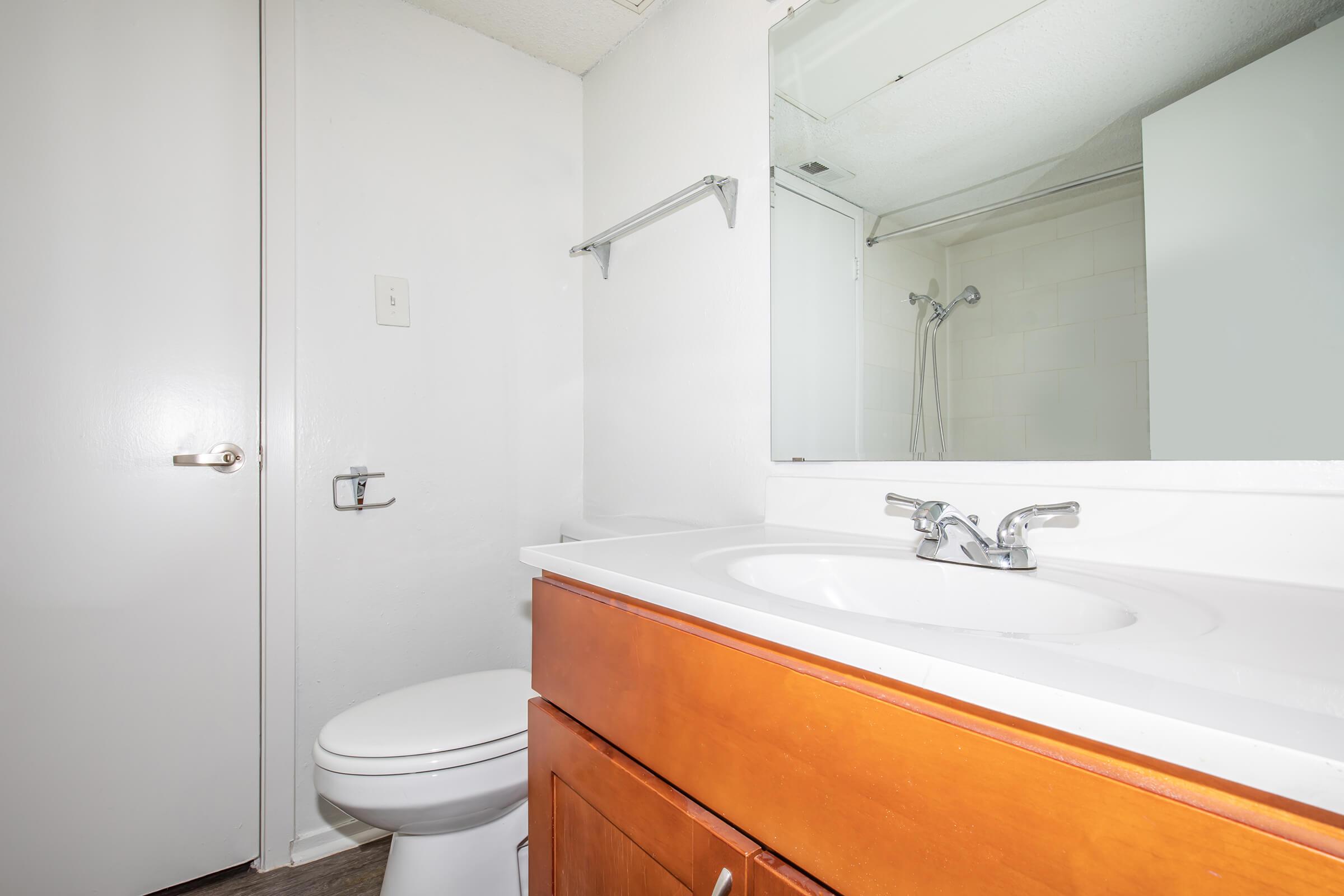 a room with a sink and a mirror