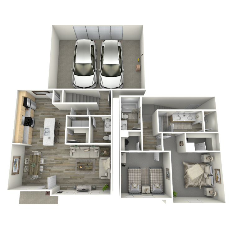 Plan B2.3 – 2 Bed 2.5 Bath Townhome, a 2 bedroom 2.5 bathroom floor plan.