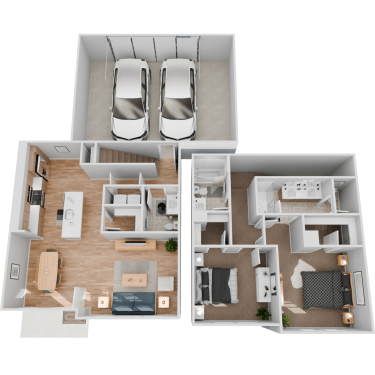 PLAN B2.3 TOWNHOME, a 2 bedroom 2.5 bathroom floor plan.