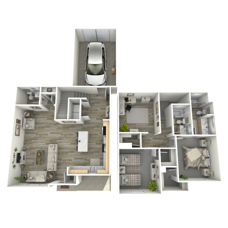 Plan B3.1 – 2 Bed 2.5 Bath Townhome with Den, a 2 bedroom 2.5 bathroom floor plan.
