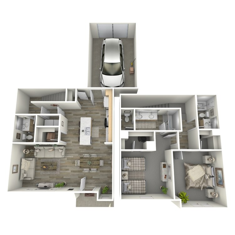 Plan B2.1 – 2 Bed 2.5 Bath Townhome, a 2 bedroom 2.5 bathroom floor plan.