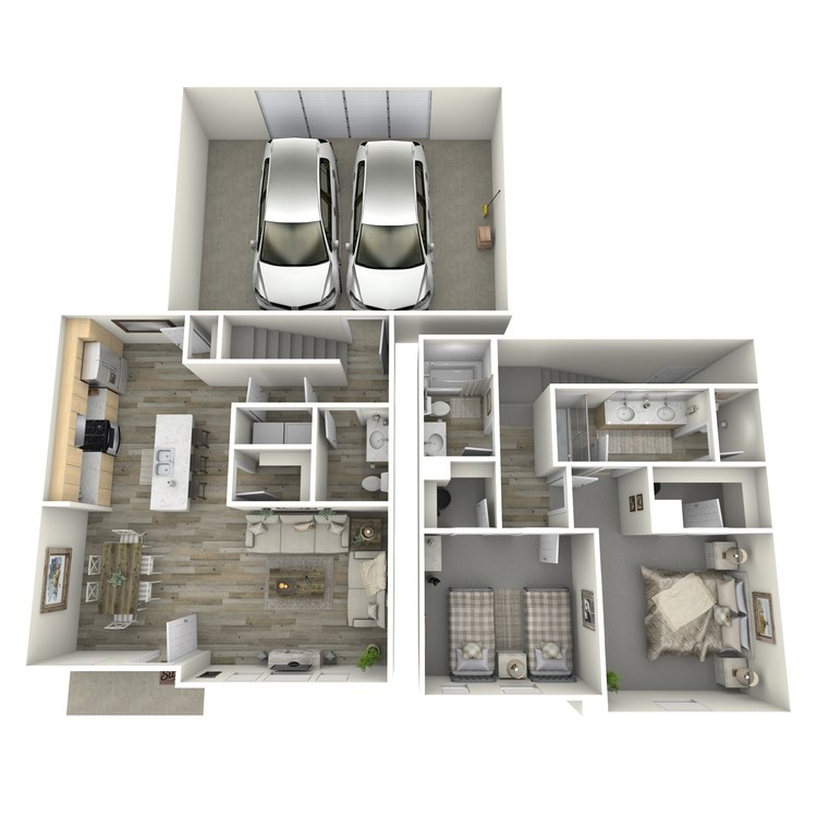 Plan B2.3 – 2 Bed 2.5 Bath Townhome, a 2 bedroom 2.5 bathroom floor plan.