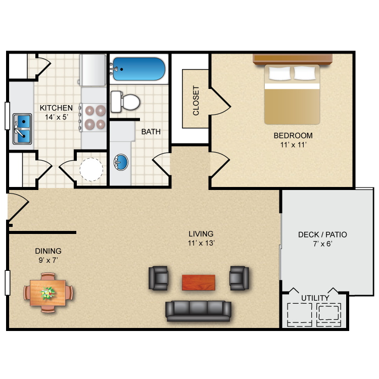 Floor plan image of 1 Bed 1 Bath