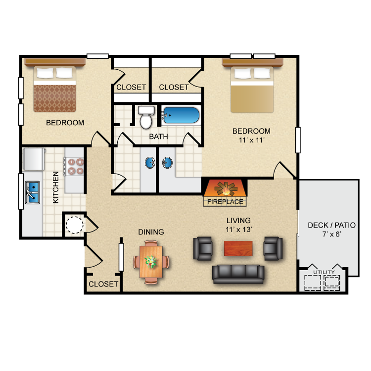 Floor plan image of 2 Bed 1.5 Bath