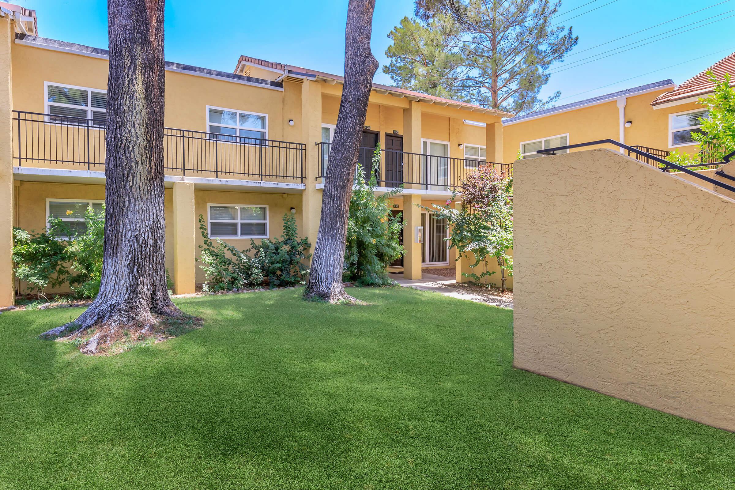 A landscaped courtyard featuring green grass, surrounded by apartment buildings. Two tall trees stand in the foreground, and there is a pathway leading to the entrance of one of the buildings. The setting is bright and inviting, showcasing a peaceful outdoor living space.