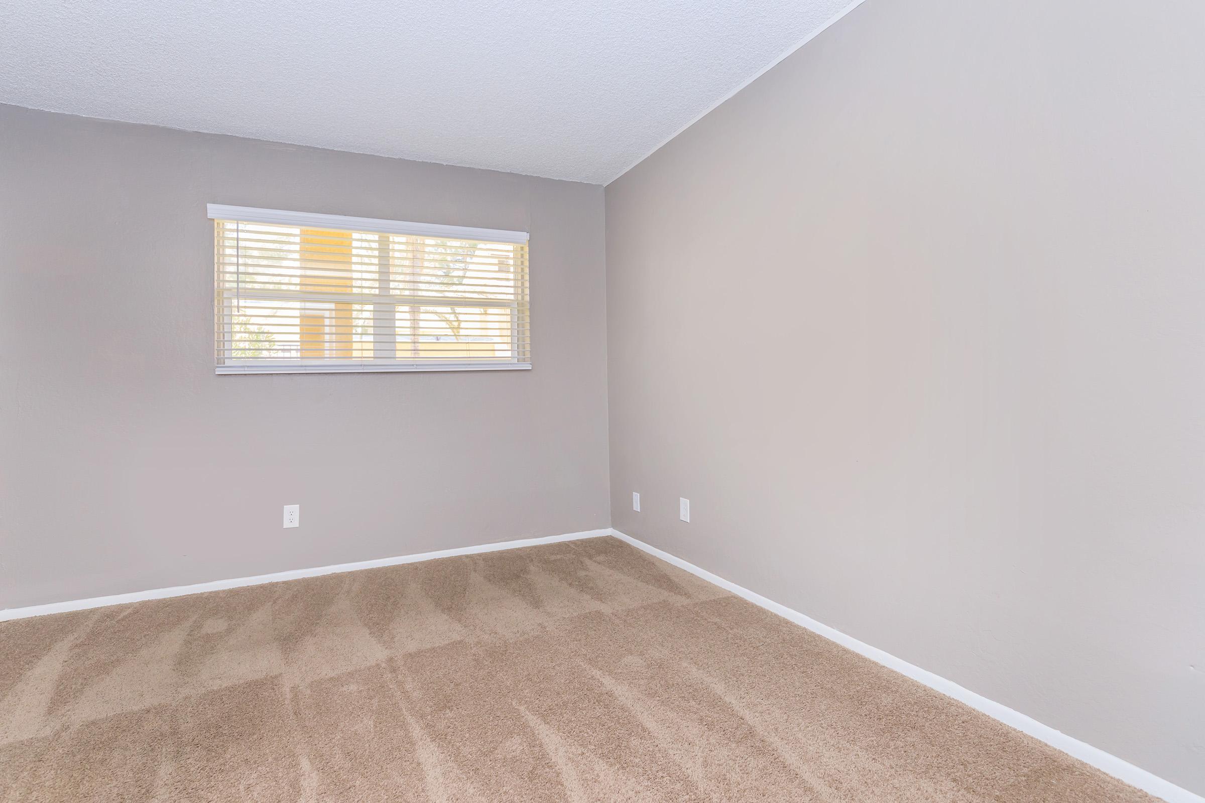 Empty room with light beige carpet and gray walls. A small window with closed blinds allows natural light to enter. The opposite wall is plain with two electrical outlets. The space appears clean and unfurnished, suggesting potential for personalized decoration.