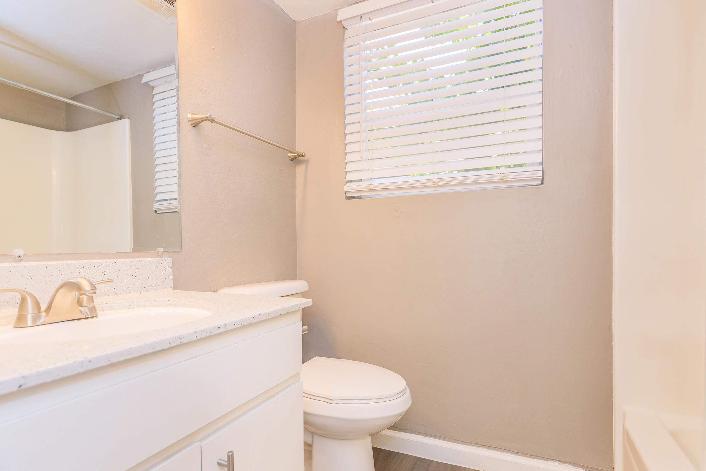 A small bathroom featuring a white countertop with a sink, a toilet, and a window with white blinds. The walls are painted a light gray, and there is a mirror above the sink. The flooring appears to be a light-colored wood or laminate.
