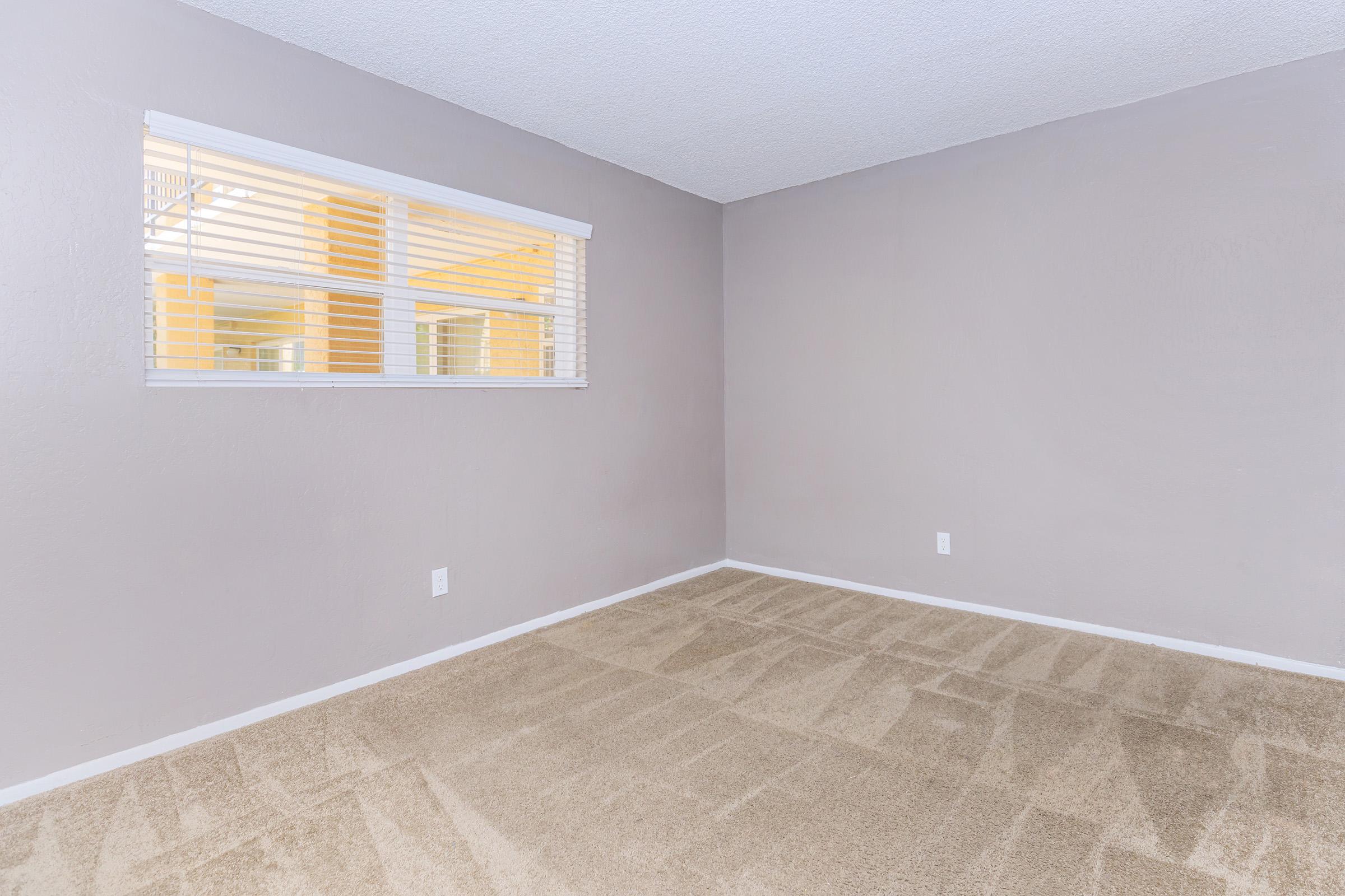 Empty room with light gray walls and beige carpet. A window with white blinds allows natural light, illuminating the space. The room is unfurnished, creating a clean, minimalist appearance.