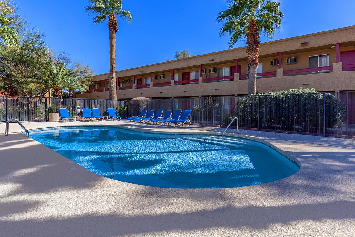 a pool next to a palm tree in front of a building